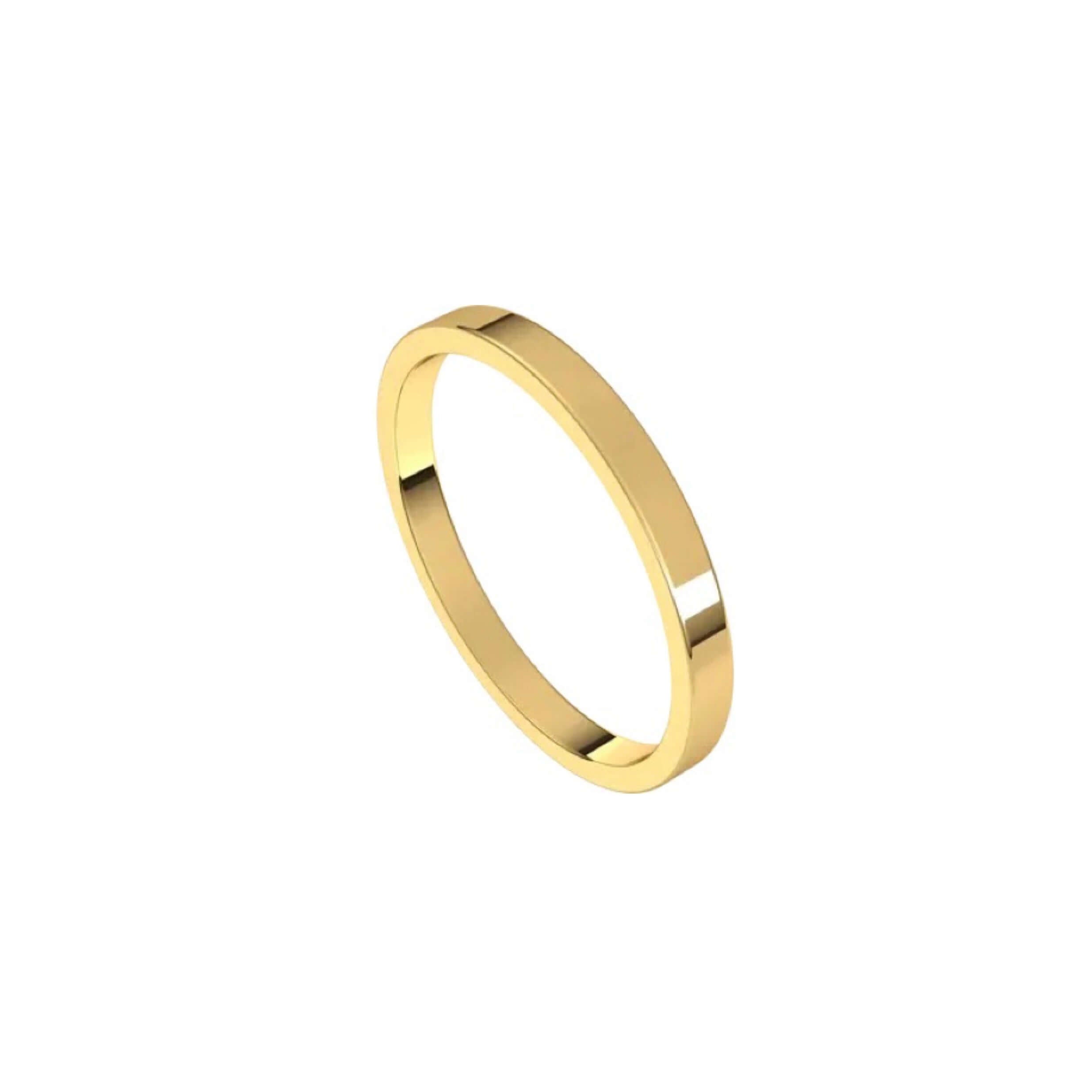 The 2mm Flat Wedding Ring from Janet Heller Fine Jewelry features a smooth and shiny polished 14KT gold surface. This ring is designed for both men and women.  It can be stacked with your engagement ring or it can be worn alone as a men's wedding band.