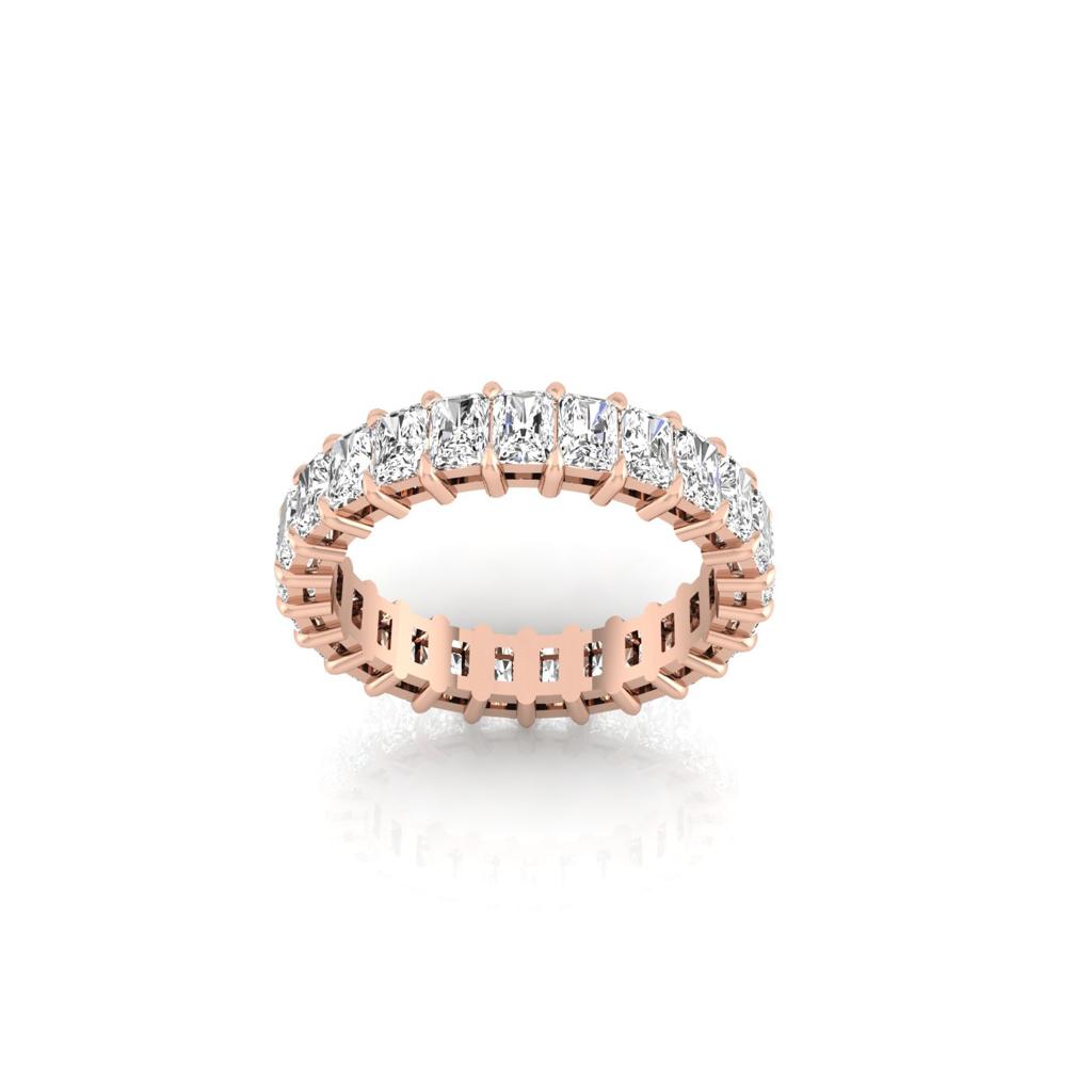 The Full Lab Grown Diamond Eternity Ring in 18KT rose gold features a seamless row of F Color VS Clarity diamonds, sparkling beautifully against a pristine white background.