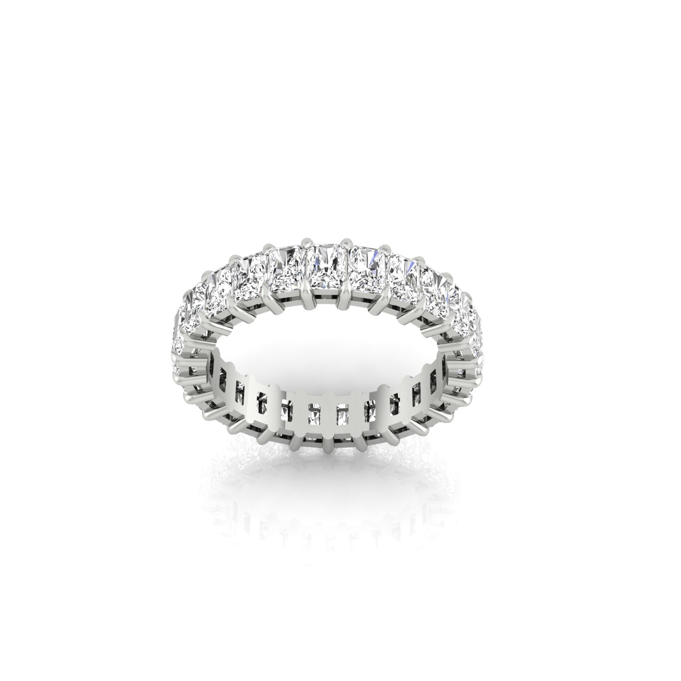 The Full Lab Grown Diamond Eternity Ring is a silver ring with sparkling gemstones in a prong setting, showcasing brilliance against white, similar to an 18KT gold diamond ring with F color and VS clarity.