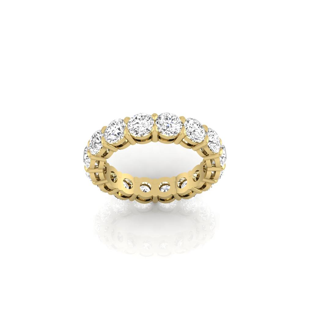 The Full Lab Grown Diamond Eternity Ring is an 18KT gold piece featuring a continuous row of round, clear gemstones with F color and VS clarity, displayed against a plain white background.