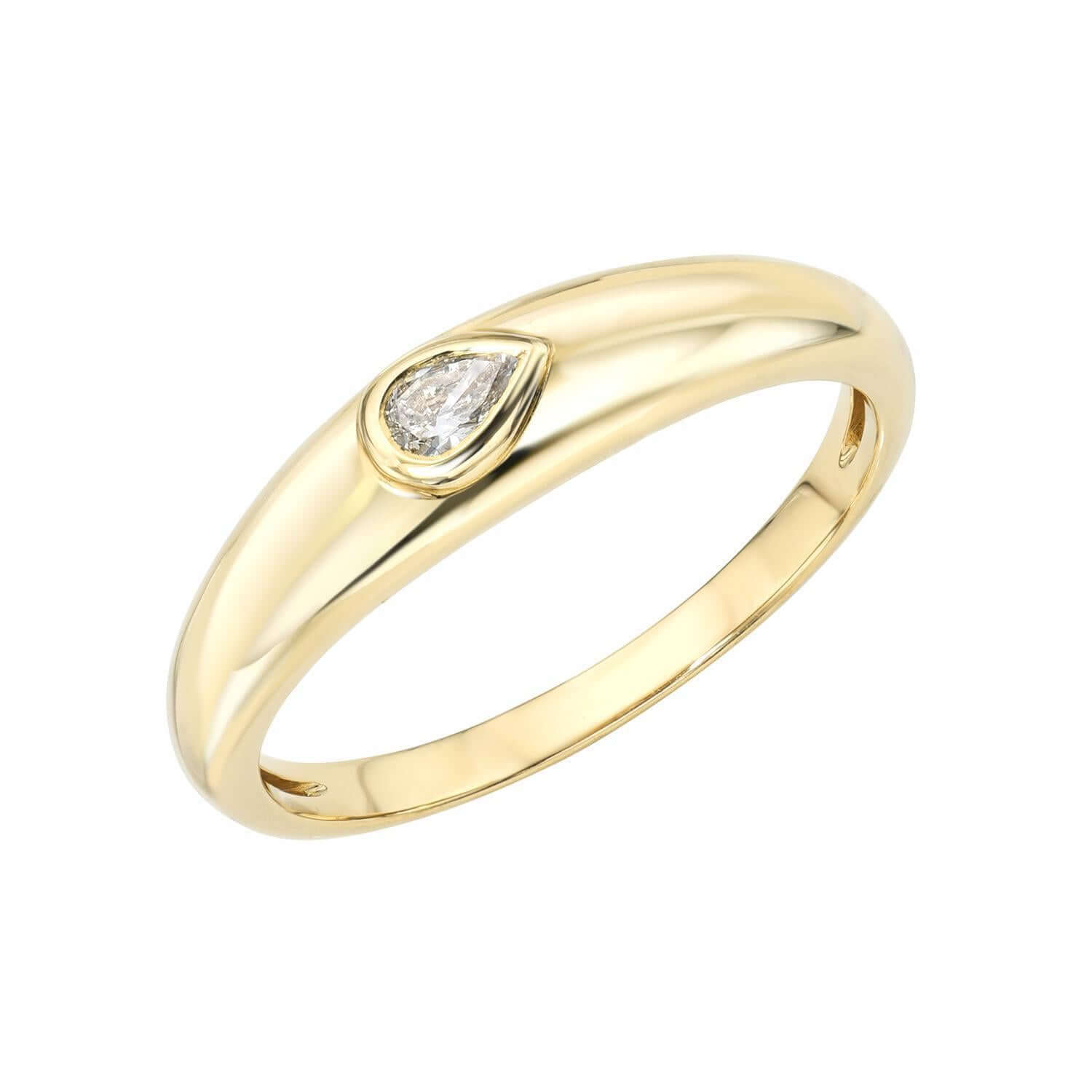 The Pear Diamond Dome Ring features a smooth gold band with a teardrop diamond set prominently on top, creating a minimalist yet elegant design. Displayed against a white background, this exquisite ring is available for preorder.