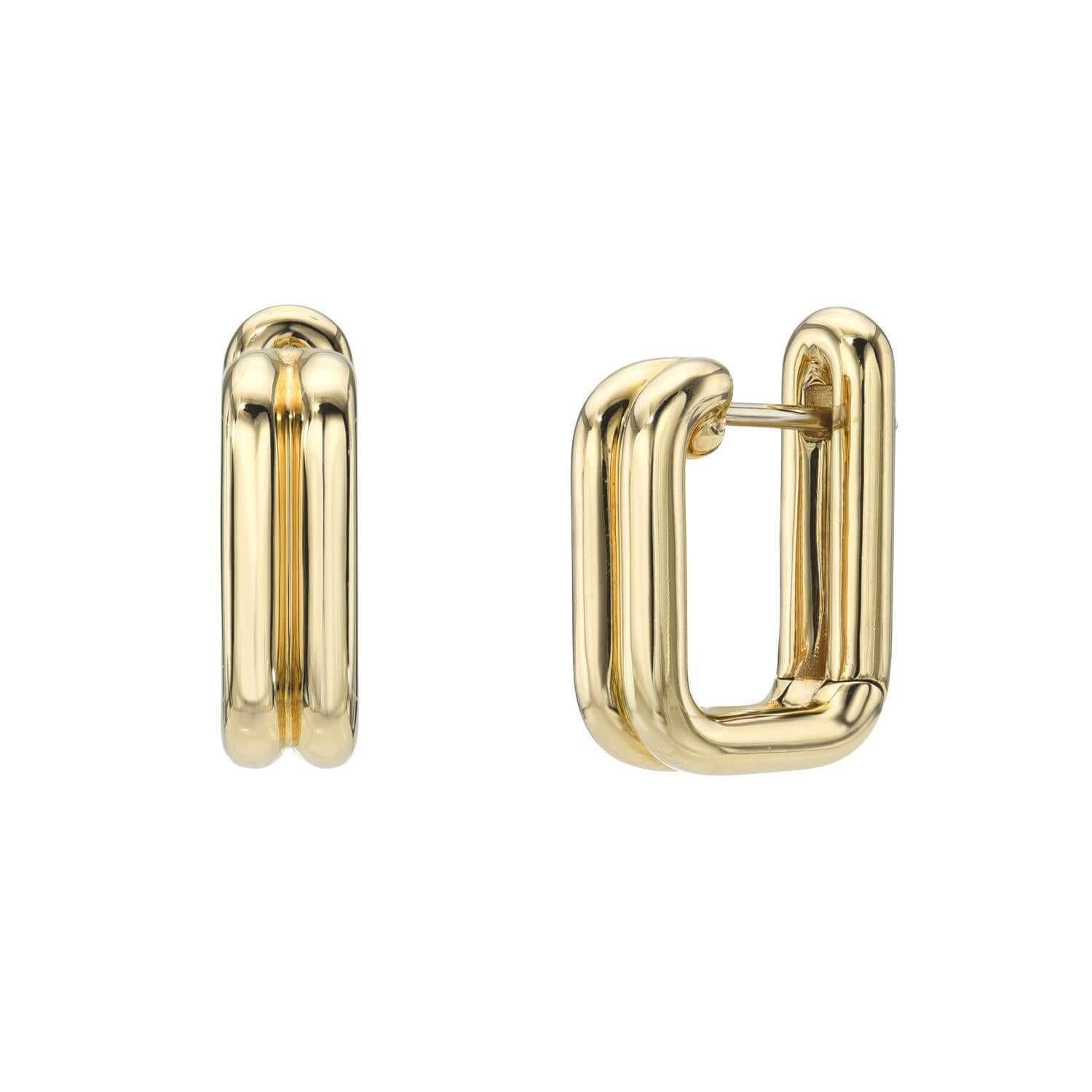 The Small Rectangle Hoop Earrings from Janet Heller Fine Jewelry are crafted in 14KT gold. The corners of the rectangle are softened by the rounded edges.