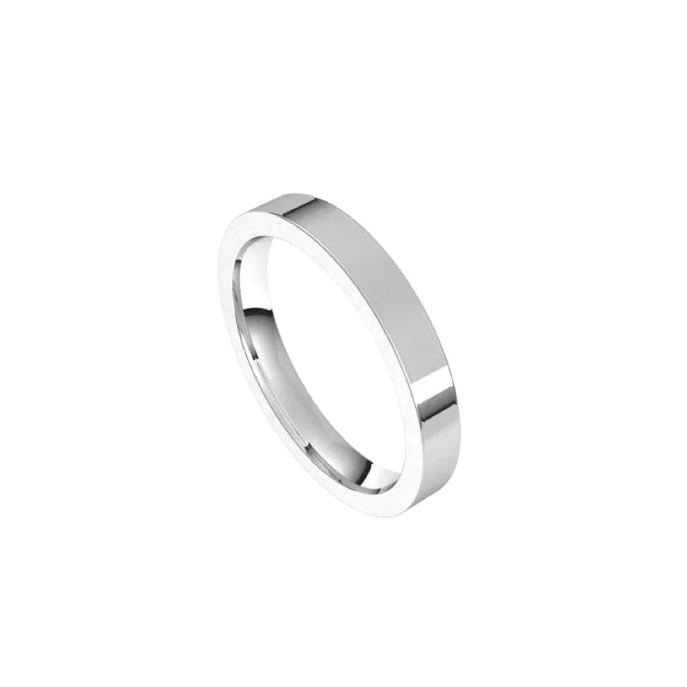 The 3mm Flat Wedding Ring, featuring a sleek and polished silver band with a smooth flat surface, is displayed at a slight angle on a white background.