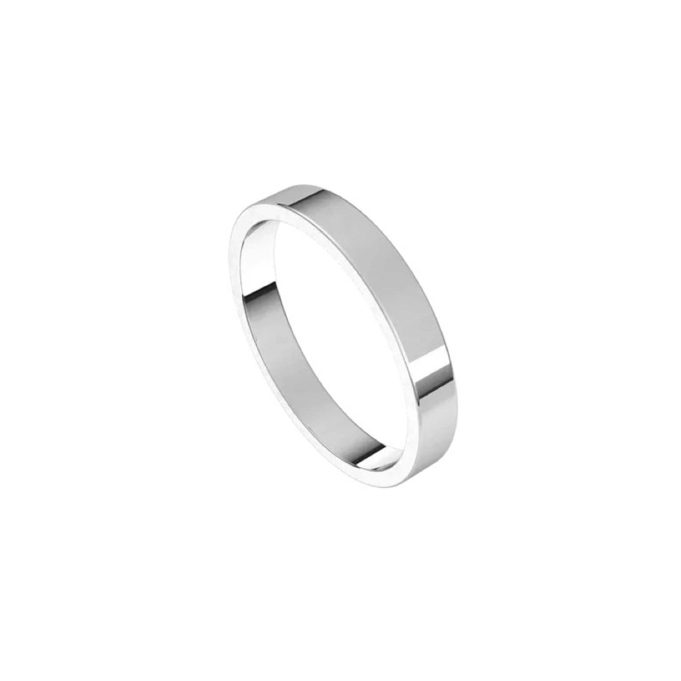 A 3mm Flat Wedding Ring in polished silver rests elegantly against a plain white background.