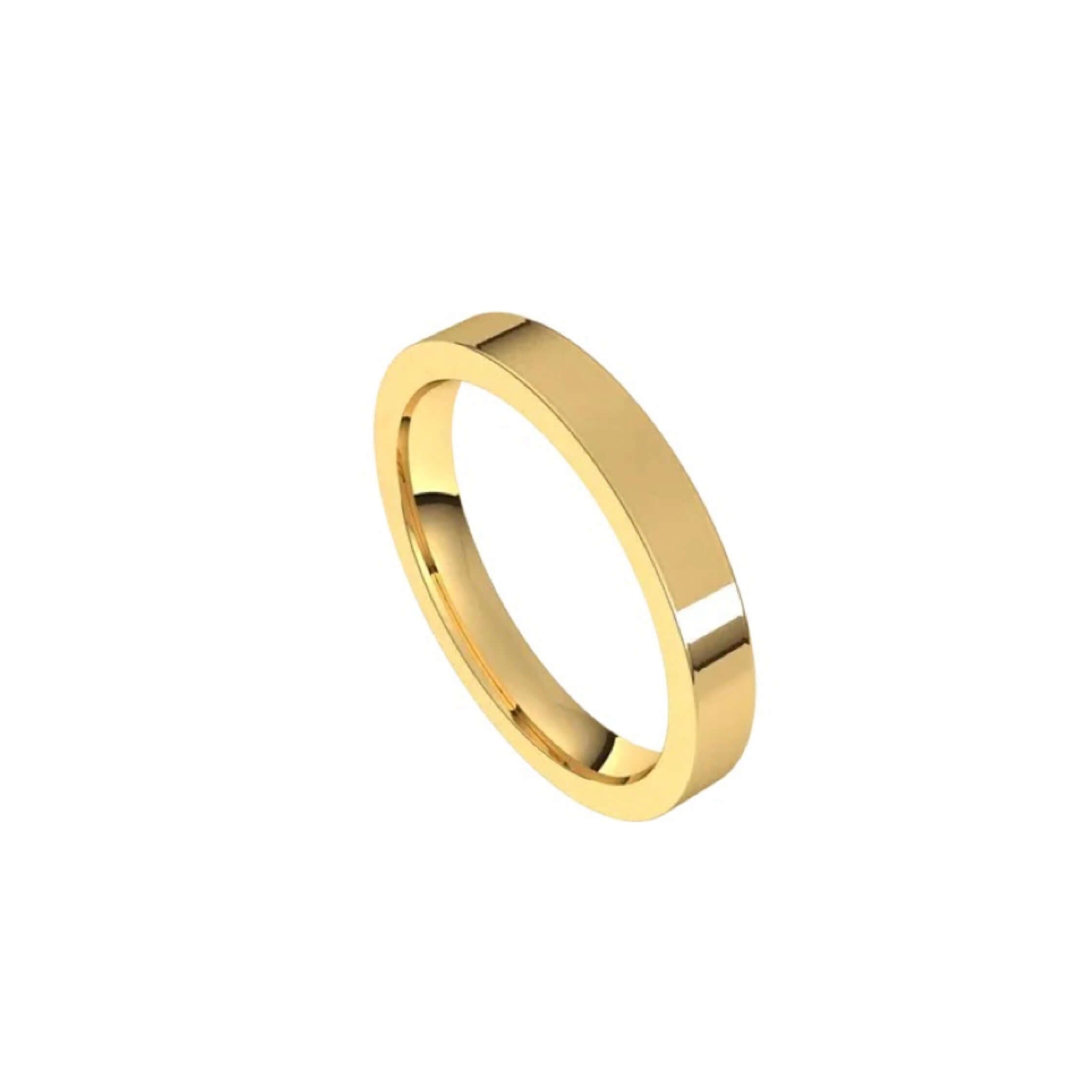 The 3mm Flat Wedding Ring features a smooth, polished gold band. Displayed at an angle, it highlights its shiny surface and minimalist design against a simple white background.