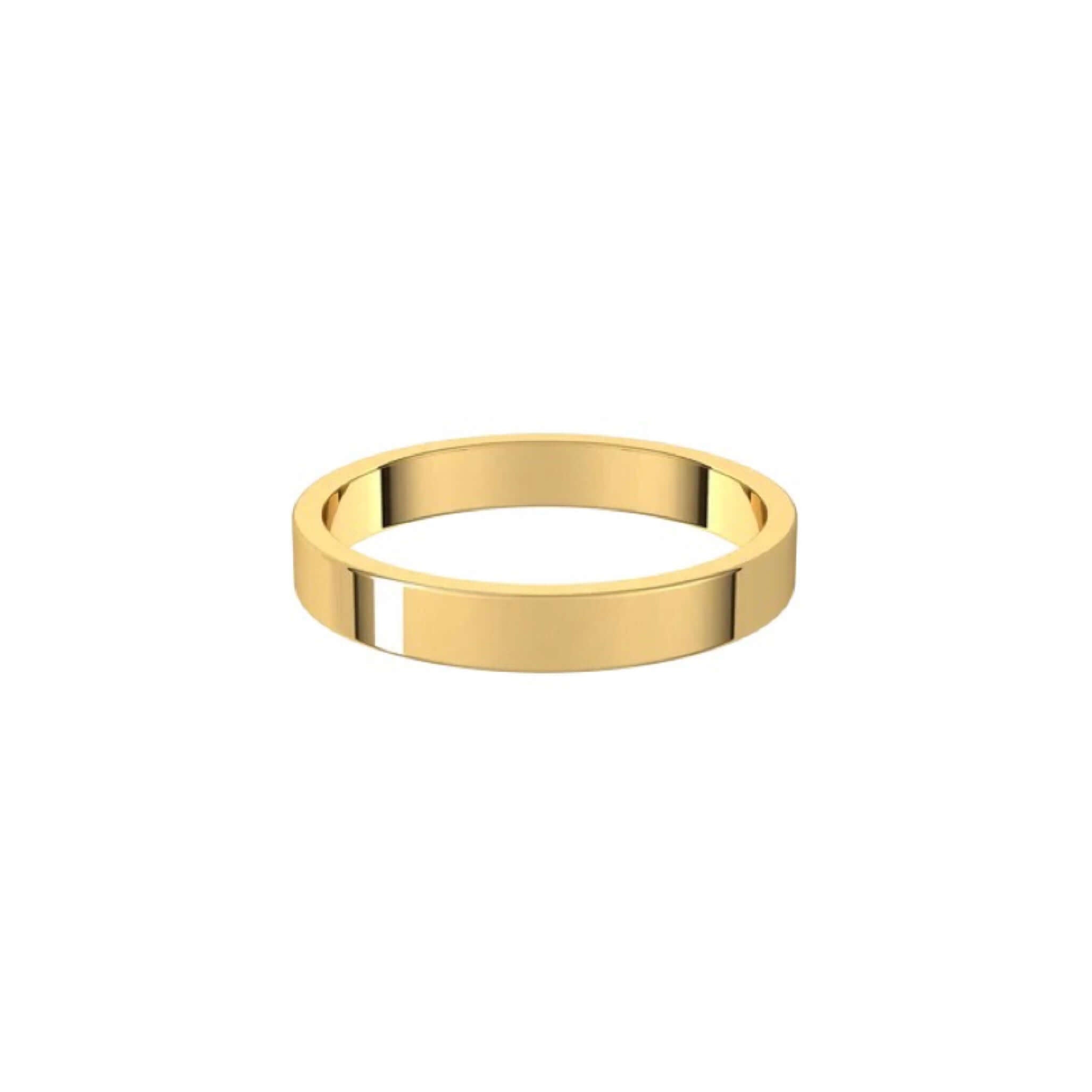 The 3mm Flat Wedding Ring is a simple gold band on a white background, featuring a sleek and polished finish.