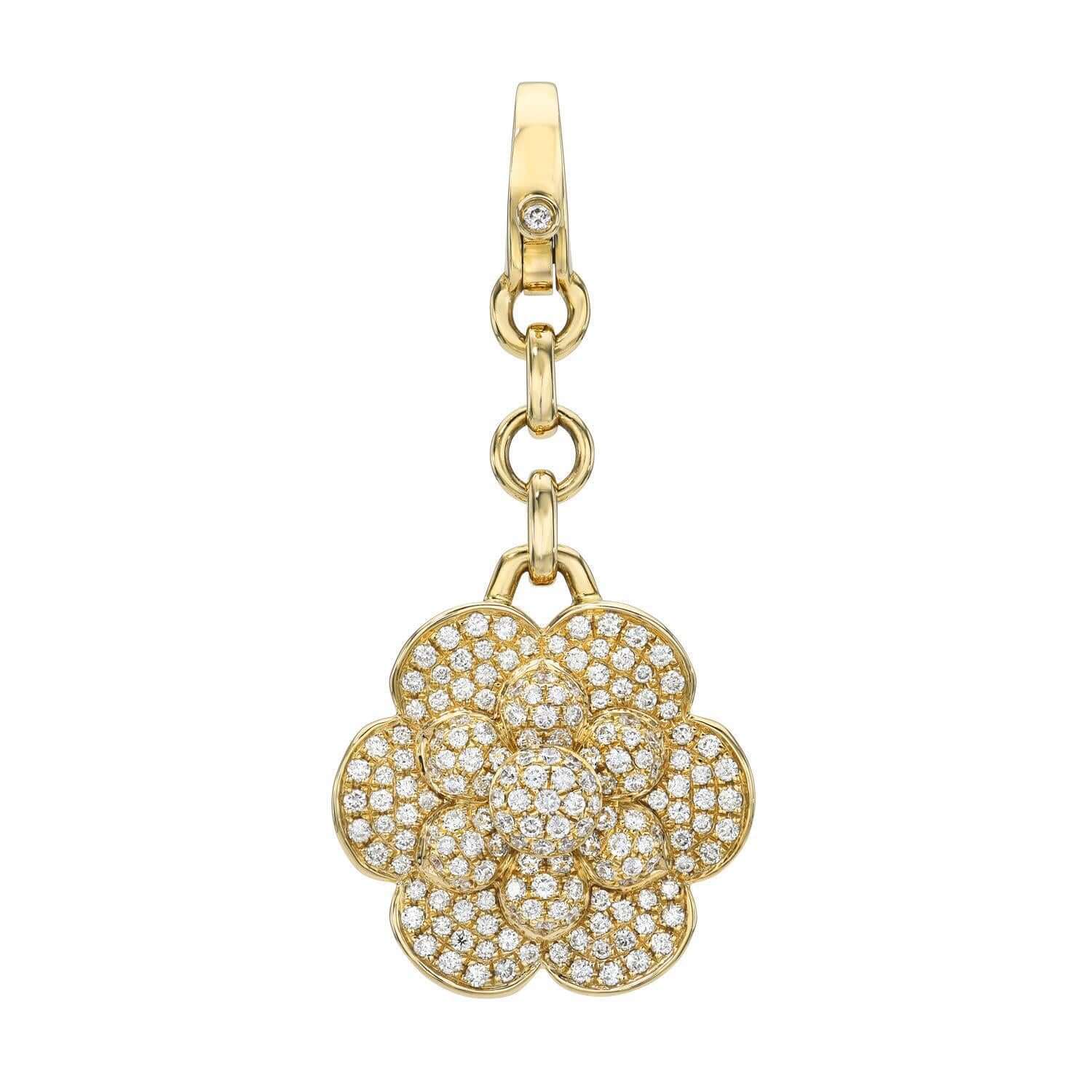 Explore the stunning Diamond Bloom Flower Charm from Janet Heller Fine Jewelry, featuring a gold flower-shaped pendant with diamond-encrusted petals on a gold chain link and circular clasp. Customization and charm options are available.