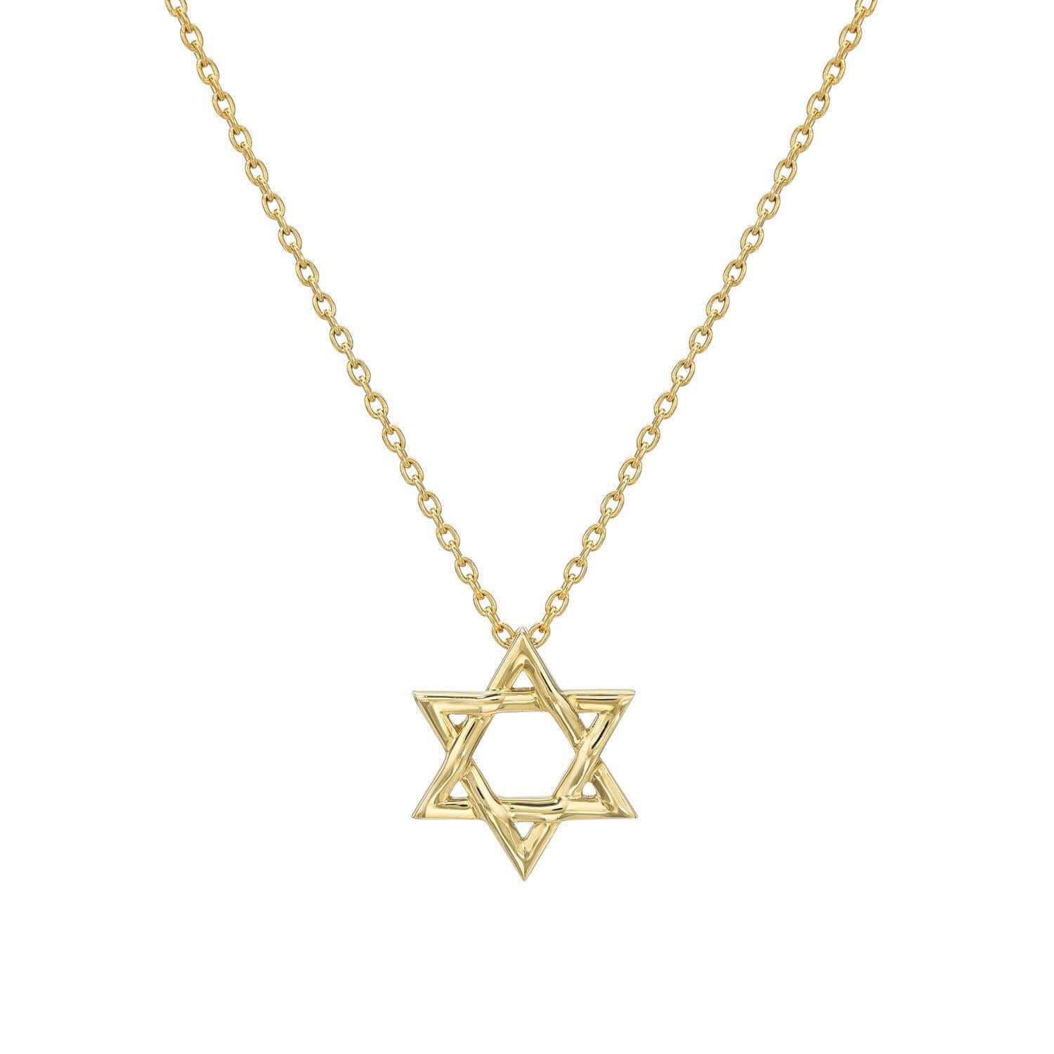 The Star of David Necklace is an exquisite piece of fine jewelry featuring a pendant with delicately crafted interlocking triangles. It can be customized with diamonds and hangs gracefully from a fine gold chain against a plain white background.