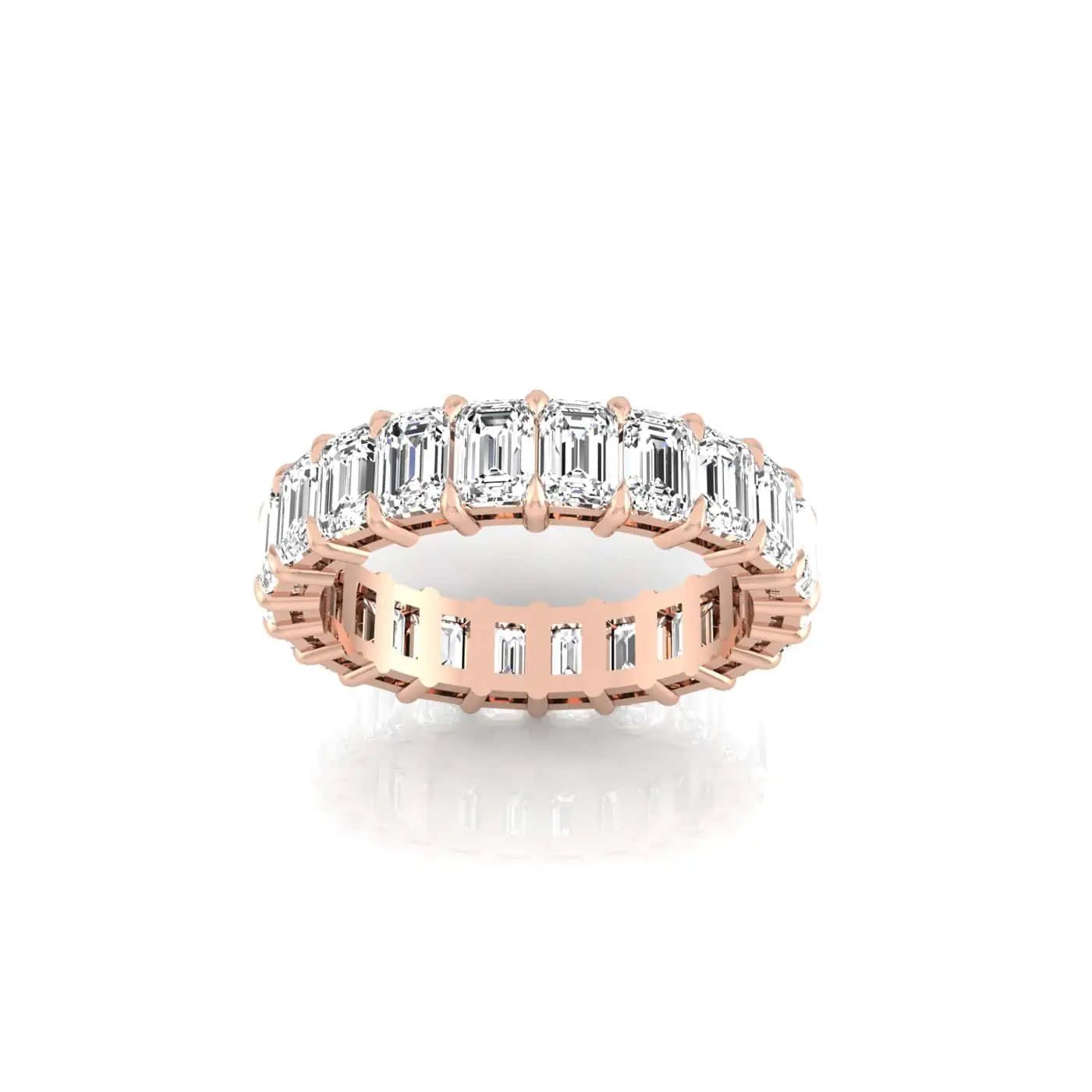 The Full Diamond Eternity Ring from Janet Heller Fine Jewelry, crafted in 18KT gold, features evenly spaced diamonds offered in various shapes and custom carat weights. The color of the diamonds is F and the clarity is VS. This is the perfect wedding band to be worn alone or stacked with your engagement ring.