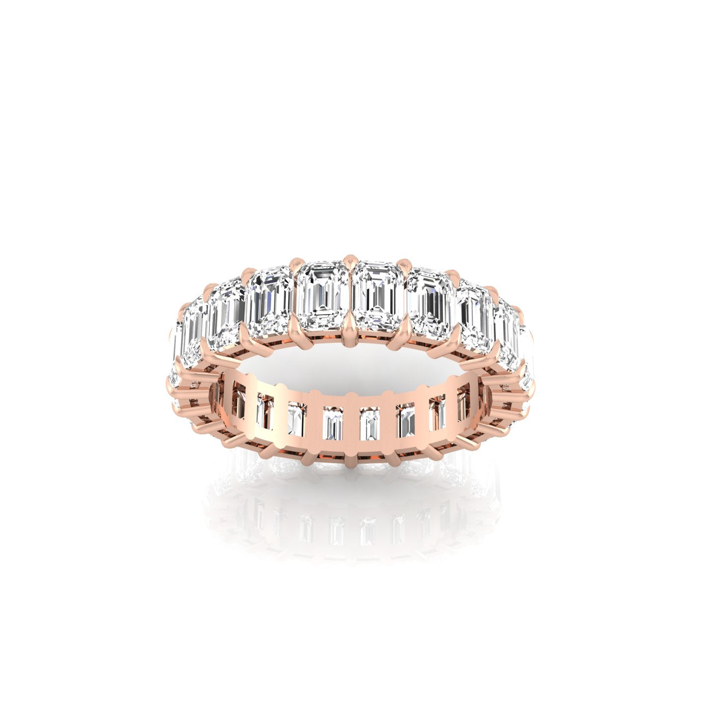 The Full Lab Grown Diamond Eternity Ring from Janet Heller Fine Jewelry, crafted in 18KT gold, features evenly spaced diamonds offered in various shapes and custom carat weights. The color of the diamonds is F and the clarity is VS. This is the perfect wedding band to be worn alone or stacked with your engagement ring.