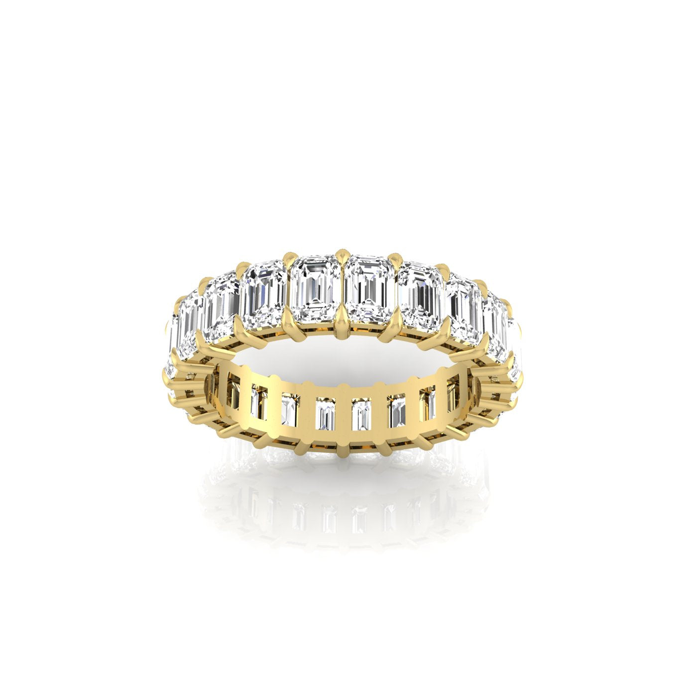 The Full Lab Grown Diamond Eternity Ring from Janet Heller Fine Jewelry, crafted in 18KT gold, features evenly spaced diamonds offered in various shapes and custom carat weights. The color of the diamonds is F and the clarity is VS. This is the perfect wedding band to be worn alone or stacked with your engagement ring.
