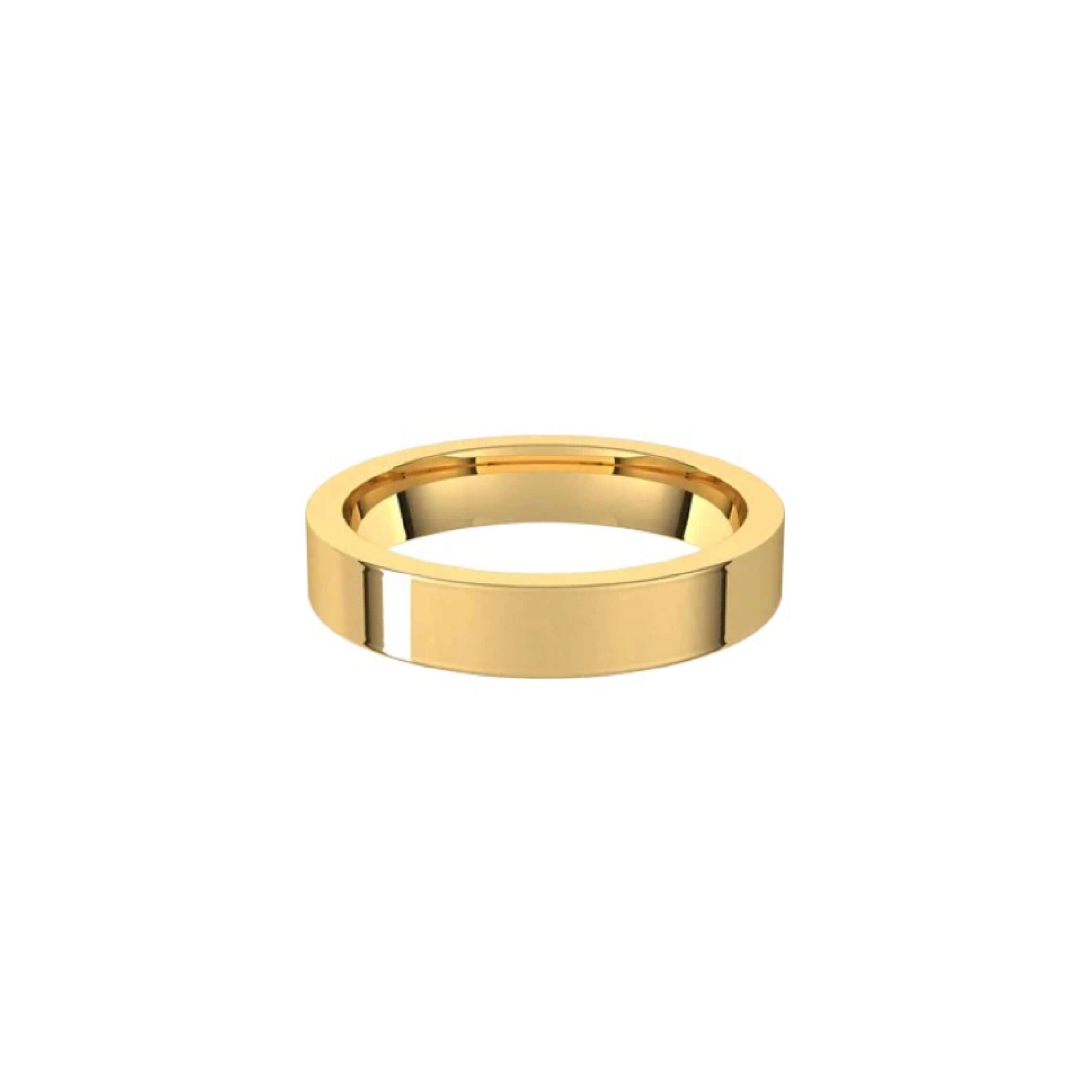 The 4mm Flat Wedding Ring from Janet Heller Fine Jewelry features a smooth and shiny polished 14KT gold surface. This ring is designed for both men and women. It can be stacked with your engagement ring or it can be worn alone as a men's wedding band.