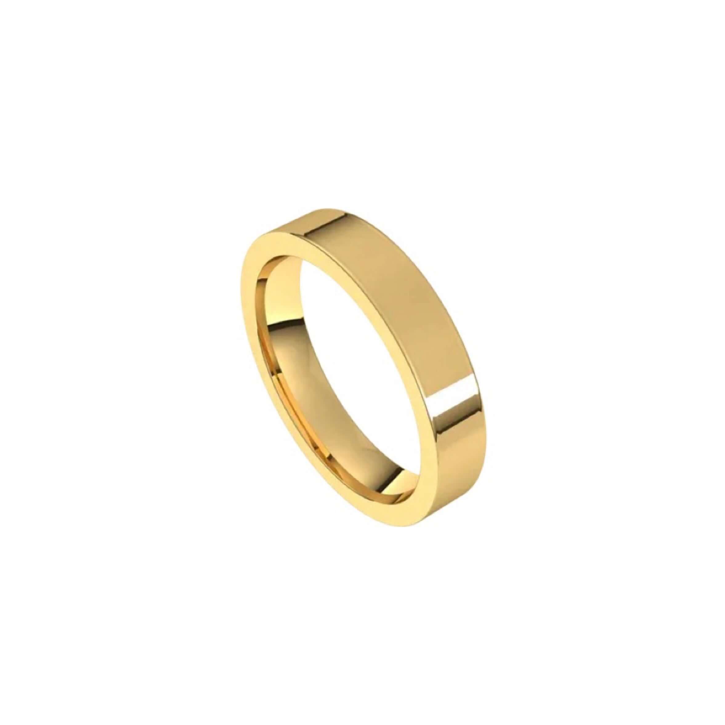 The 4mm Flat Wedding Ring from Janet Heller Fine Jewelry features a smooth and shiny polished 14KT gold surface. This ring is designed for both men and women. It can be stacked with your engagement ring or it can be worn alone as a men's wedding band.