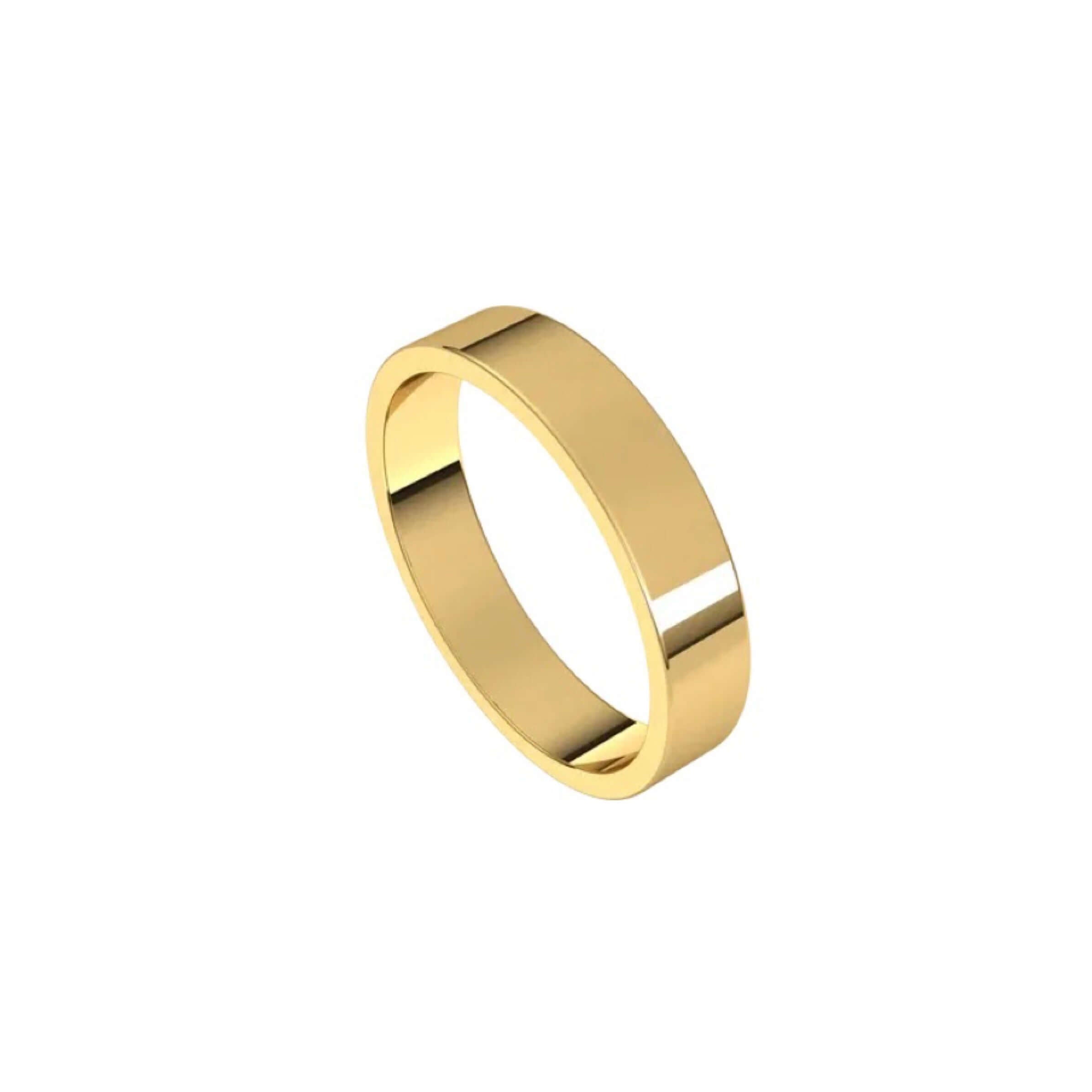 The 4mm Flat Wedding Ring from Janet Heller Fine Jewelry features a smooth and shiny polished 14KT gold surface. This ring is designed for both men and women.  It can be stacked with your engagement ring or it can be worn alone as a men's wedding band.