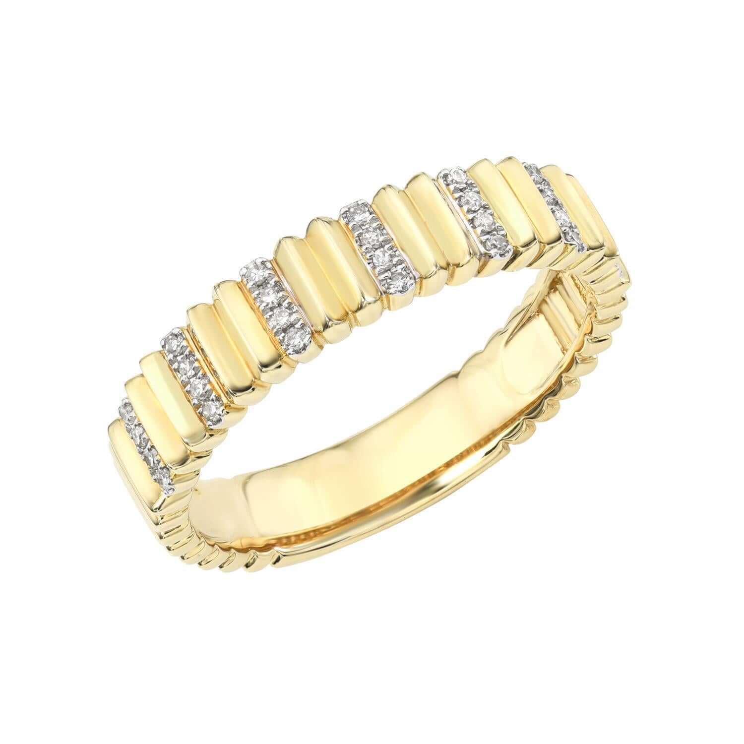 The Diamond Charlize Ring from Janet Heller Fine Jewelry is crafted in 14KT gold and features alternating rows of diamonds set in rectangular bars. The ring has 28 diamonds and can be worn on its own or stacked with other rings.