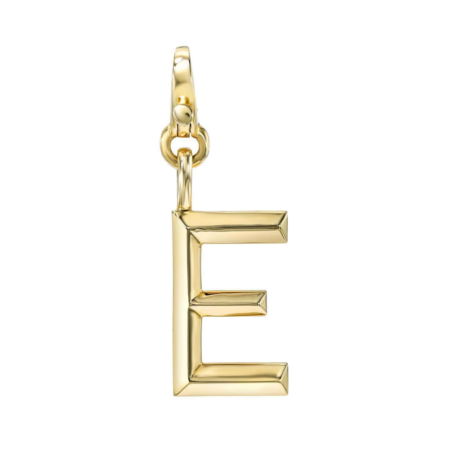 The Small Pyramid Initial Charm by Janet Heller Fine Jewelry is a gold, letter E-shaped charm with a small hook and clasp for easy attachment. It features a shiny, polished finish with angular edges, making it ideal for any sophisticated jewelry collection.