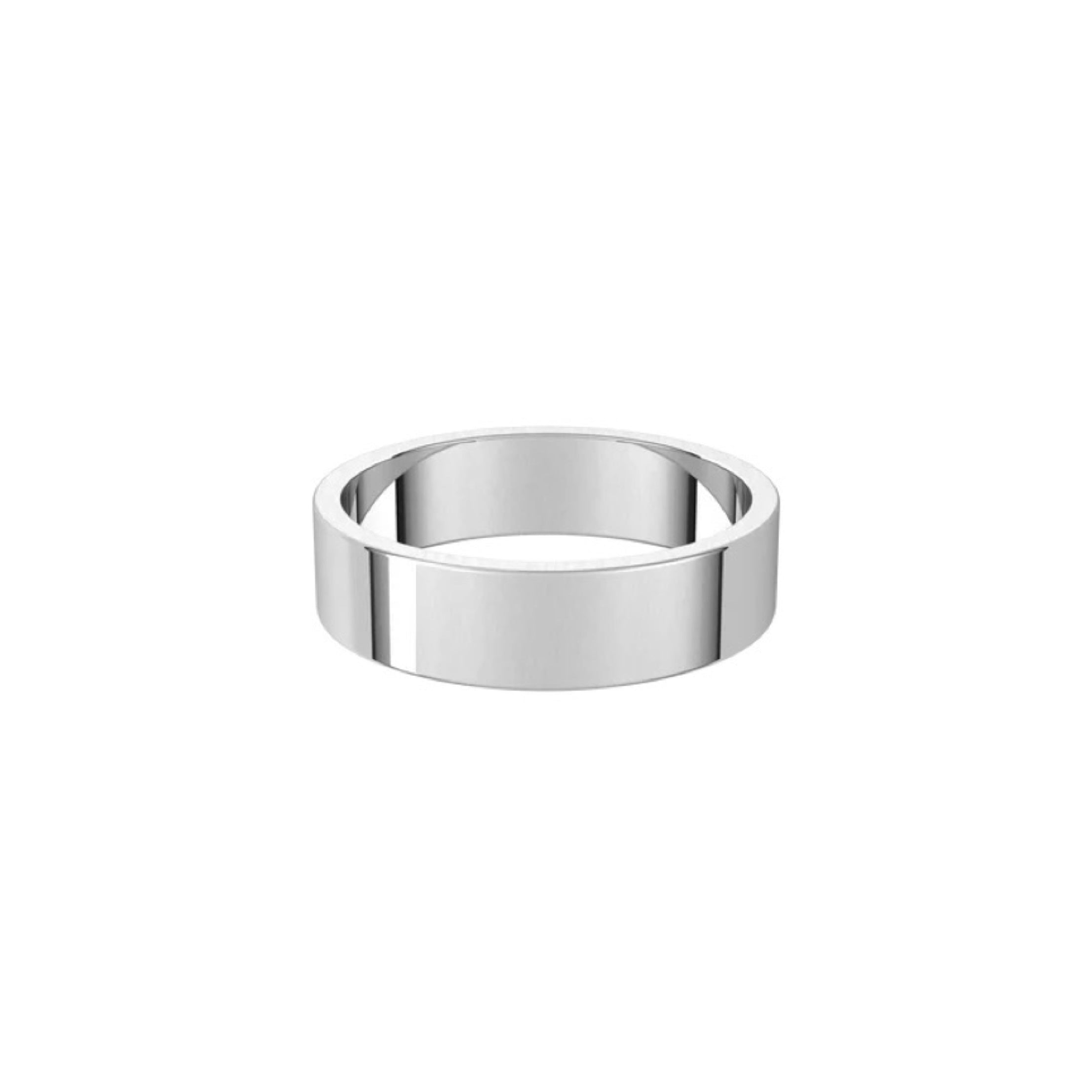 A sleek 5mm Flat Wedding Ring, polished and minimalist, features a smooth silver band against a plain white background.