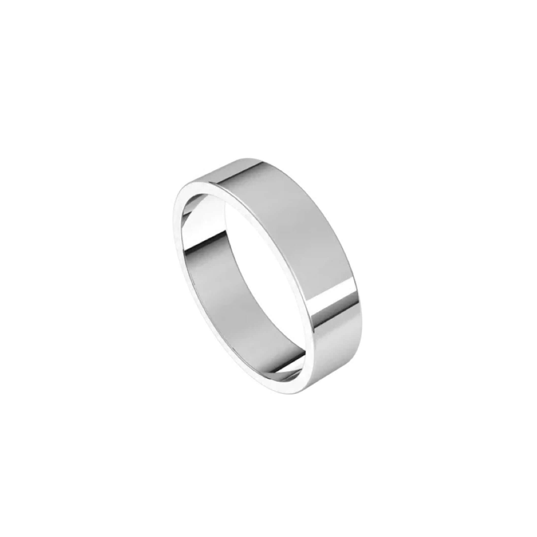 The 5mm Flat Wedding Ring is a simple, shiny silver ring with a smooth, polished surface. Depicted against a plain white background, this ring boasts a classic, unadorned design that embodies minimalist style.