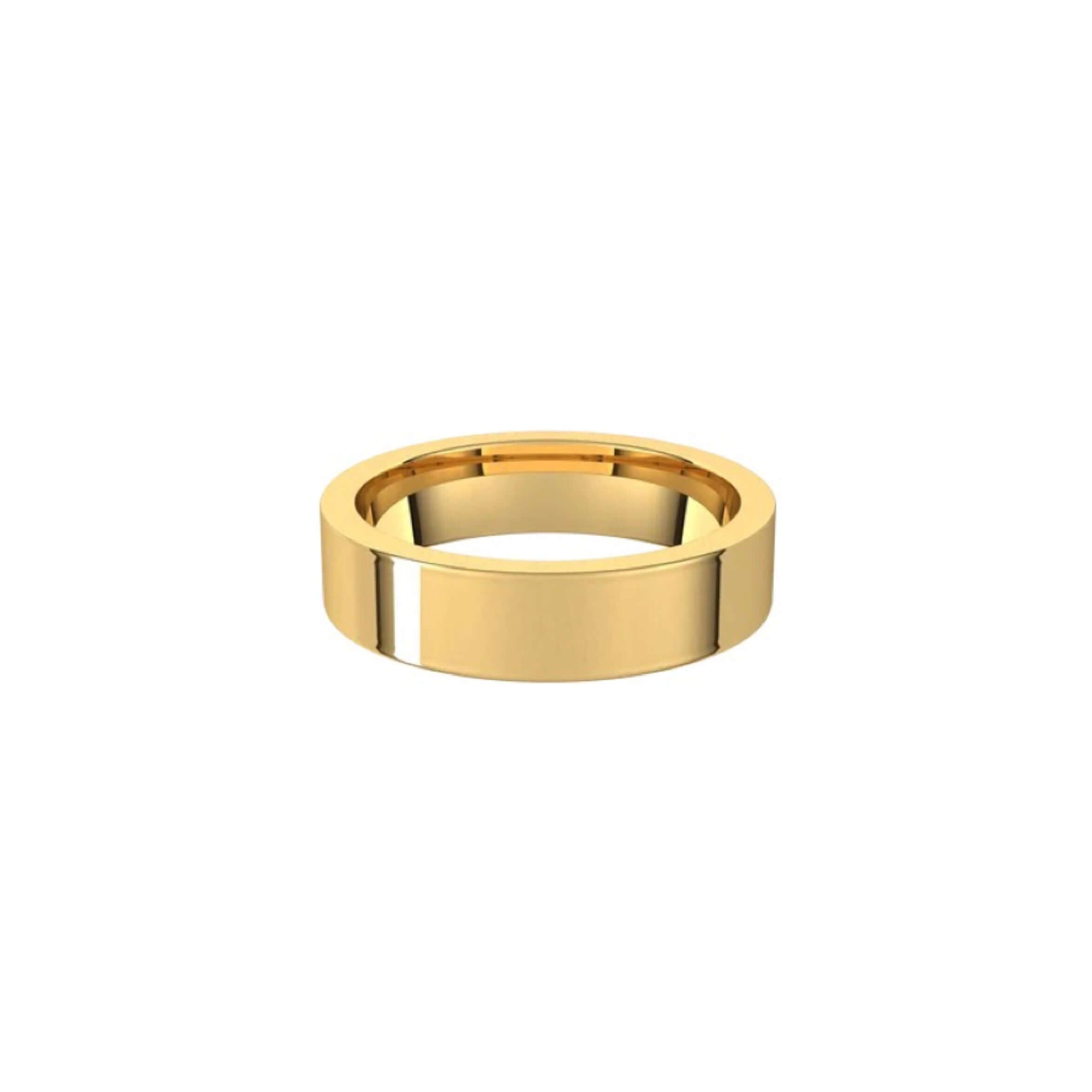 The 5mm Flat Wedding Ring, a simple gold band with a smooth, polished surface, is showcased against a plain white background.