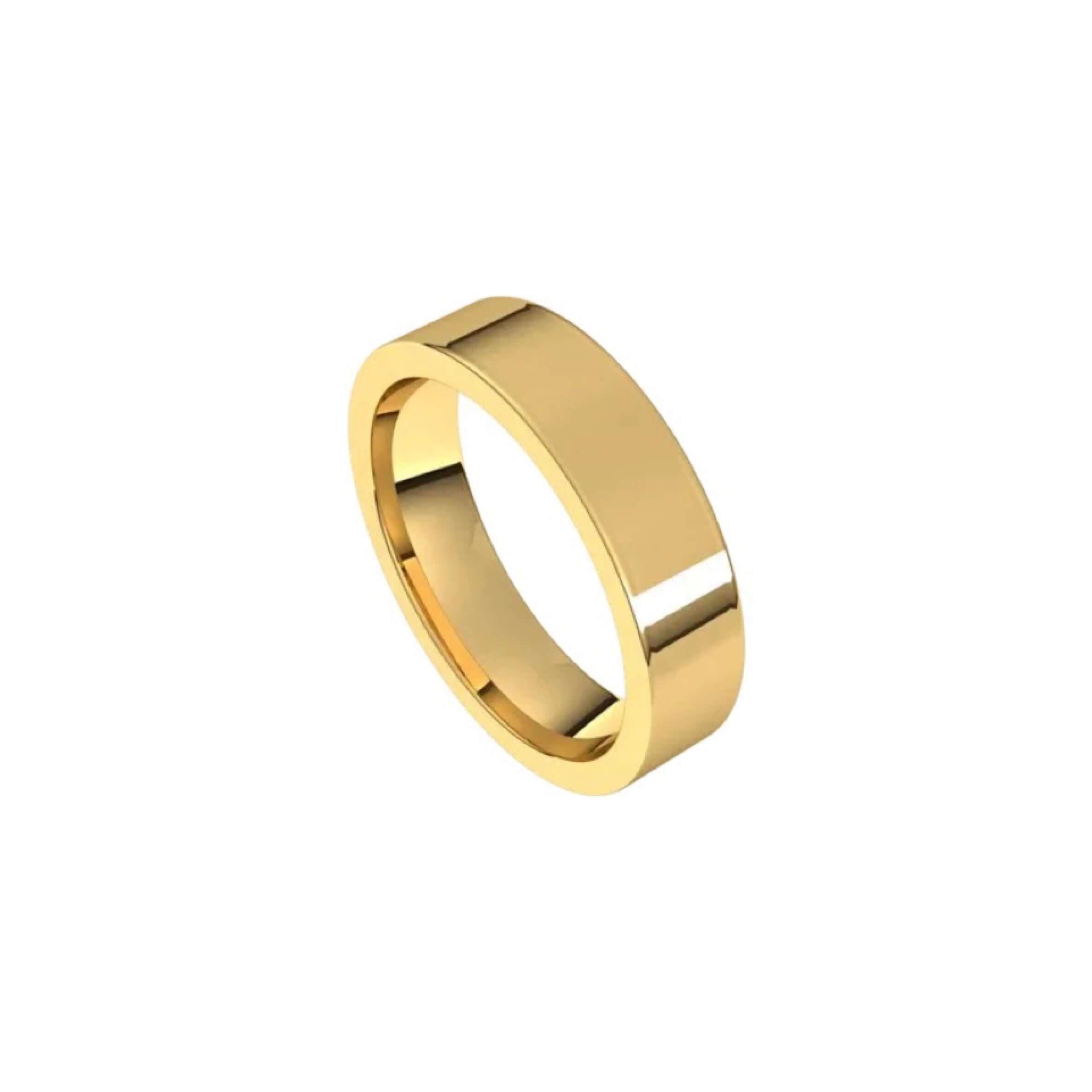 The 5mm Flat Wedding Ring from Janet Heller Fine Jewelry features a smooth and shiny polished 14KT gold surface. This ring is designed for both men and women. It can be stacked with your engagement ring or it can be worn alone as a men's wedding band.