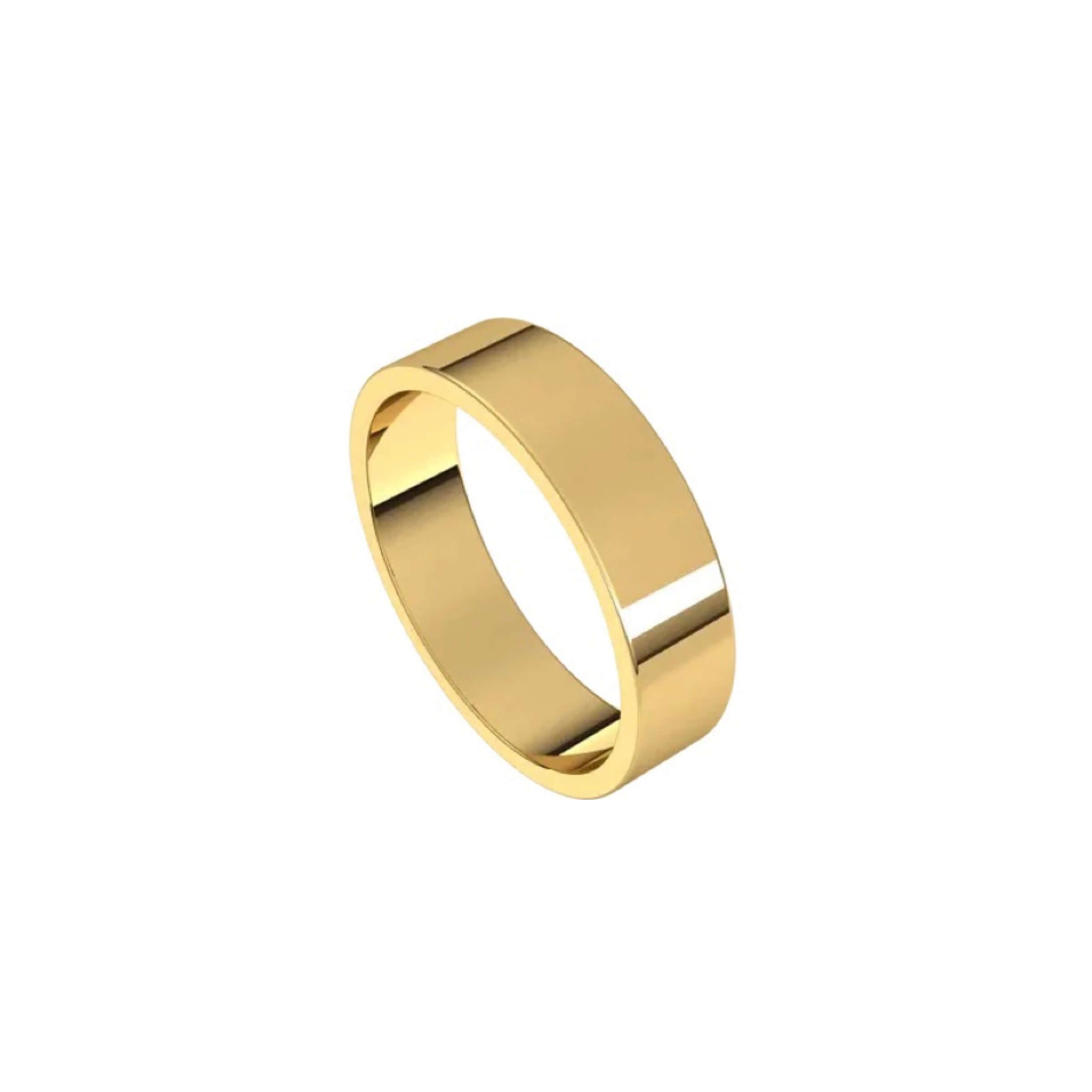 The 5mm Flat Wedding Ring features a polished, smooth surface and shiny, plain gold design, captured at a slight angle against a white background.