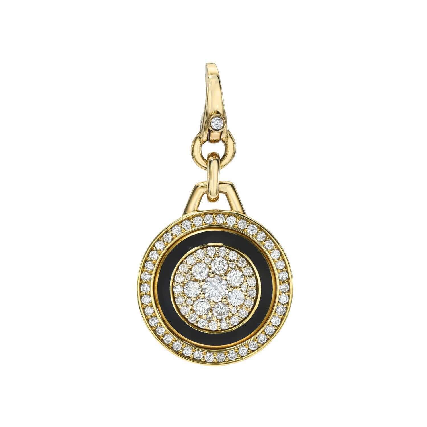 The Pave Diamond & Onyx Charm is a gold and black circular pendant featuring a hook clasp. It showcases sparkling gemstones encircled by a sleek black ring with an outer layer of dazzling gems, ideal for personalized jewelry.