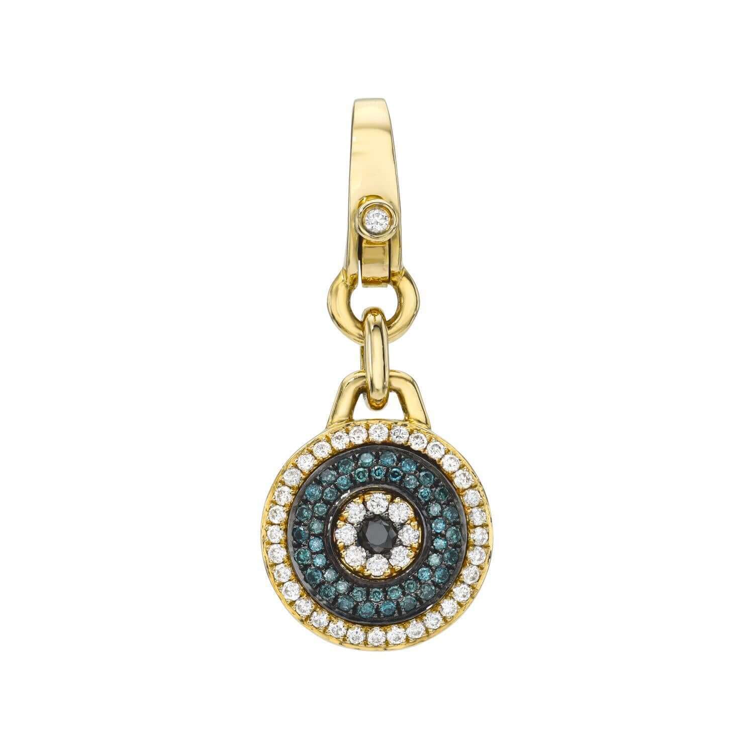 The Mini Round Blue Diamond Evil Eye Charm by Janet Heller Fine Jewelry crafted in 14KT gold features white, blue and black diamonds. The diamond-accented clasp easily clips onto various Janet Heller Fine Jewelry chains and necklaces.