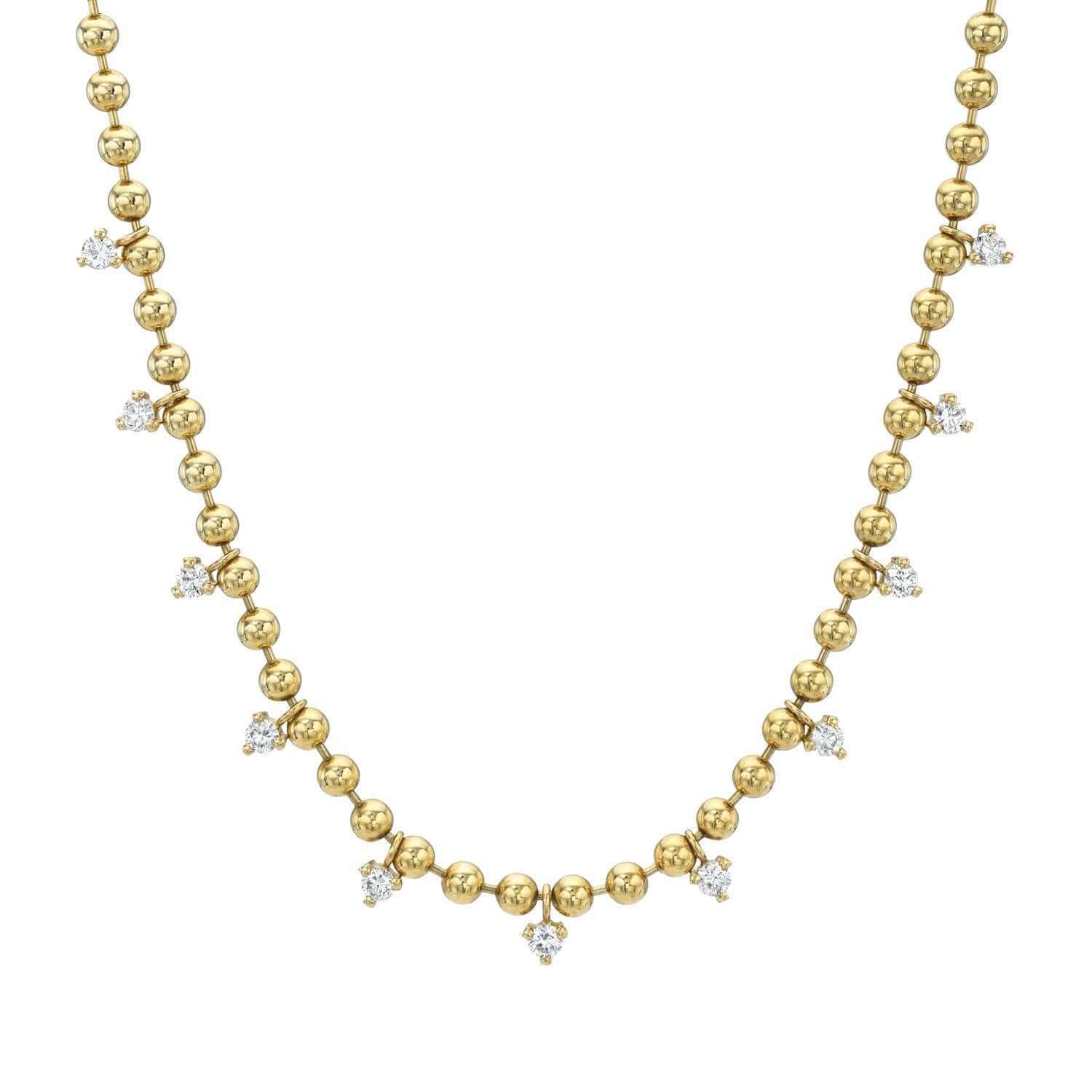 Discover the elegance of Janet Heller Fine Jewelrys Diamond Anastasia Necklace, featuring evenly spaced beads and gemstone clusters. This symmetrical gold piece has beads decreasing in size toward a delicate lobster clasp closure. Customizations are available to suit your style.