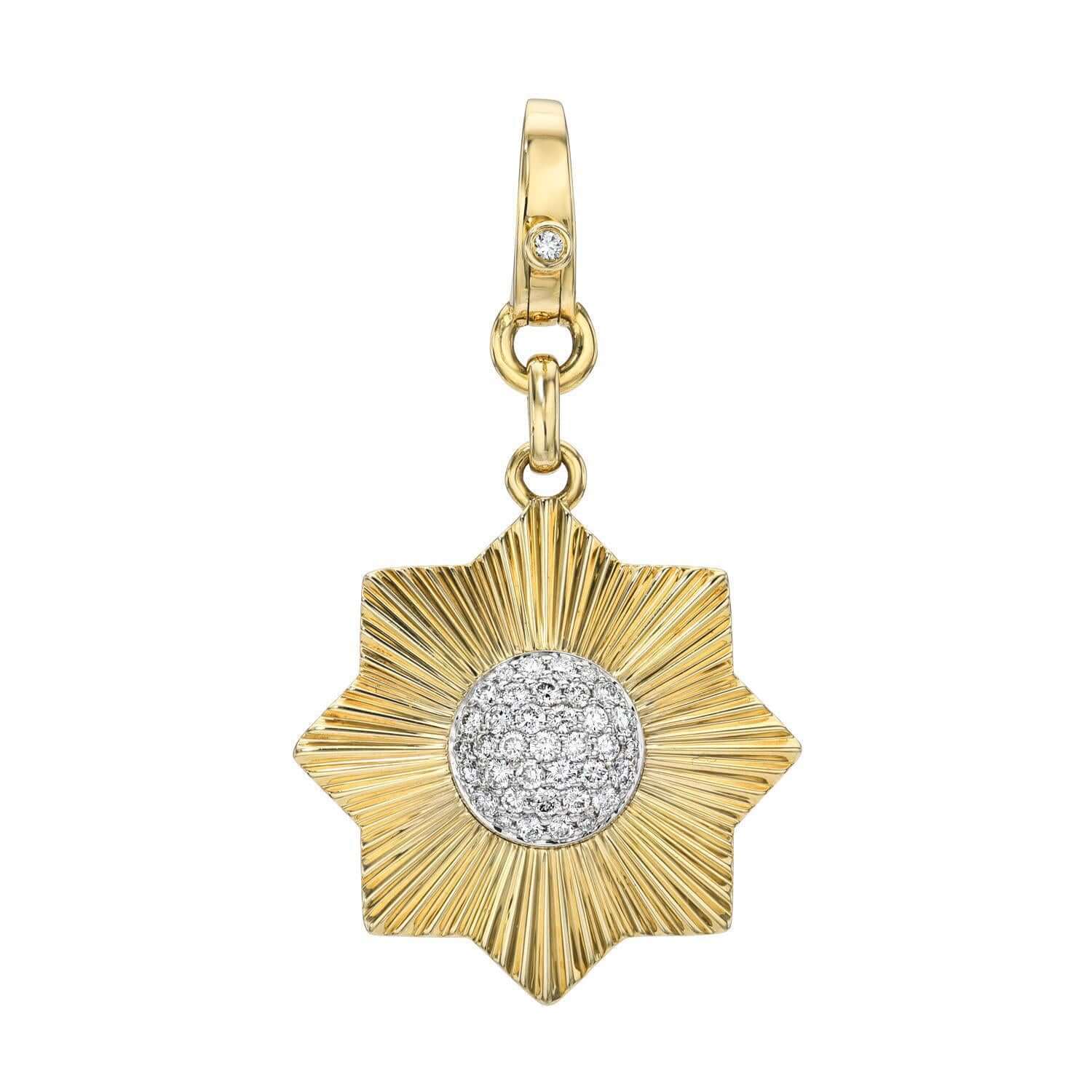 The Pave Diamond Sun Flower Charm features a gold star-shaped pendant with a textured surface and a diamond-encrusted circular center. Customizations include a gold link and bail, enhancing the elegance of your jewelry collection.