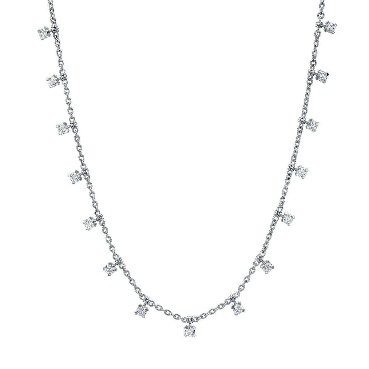 The Diamond Hallie Necklace from the Janet Heller Fine Jewelry collection is a delicate silver piece featuring small, evenly spaced diamond-like stones. Its simple, elegant design makes it perfect for any occasion and stands out beautifully against a plain white background.