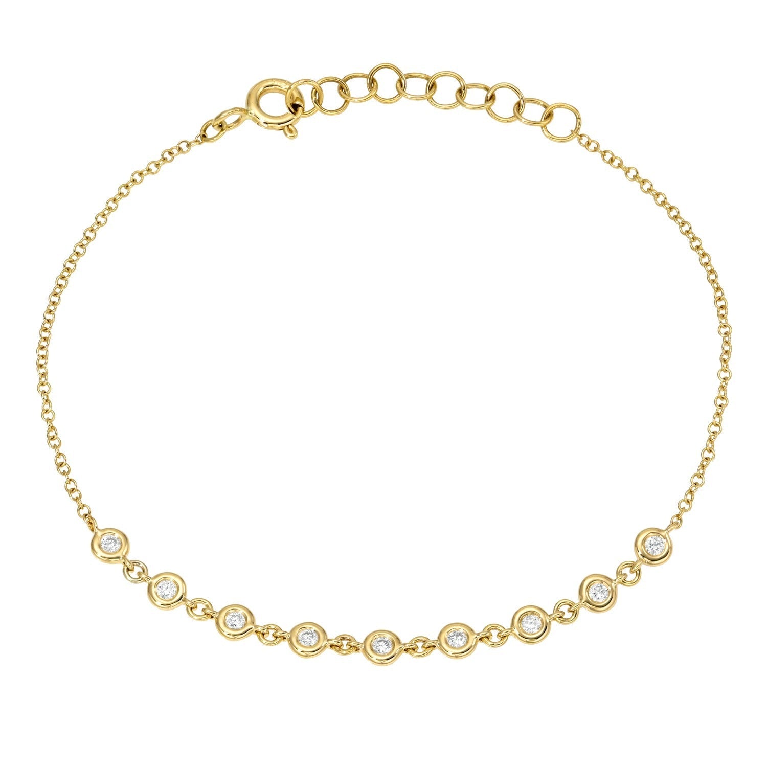 A delicate 14KT gold bracelet from Janet Heller Fine Jewelry, the 9 Diamond Bezel Set Bracelet features nine small round clear diamonds evenly spaced along the front. The design includes an adjustable extender chain and a secure lobster clasp for a perfect fit.