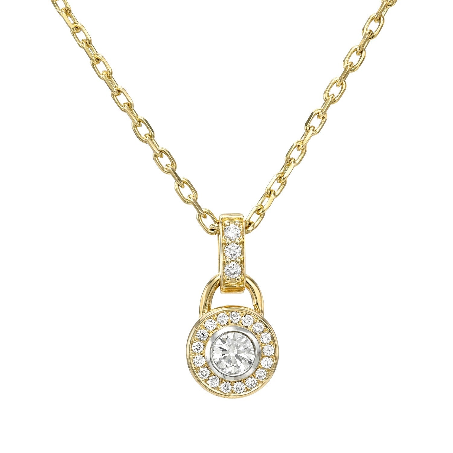 Introducing the Cable Chain Round Diamond Charm Necklace: a sophisticated gold necklace showcasing a round pendant inspired by a padlock design, centered with a brilliant diamond, encircled by pavé diamonds, and accented with additional diamonds on the bail, all gracefully hanging from a timeless cable chain.
