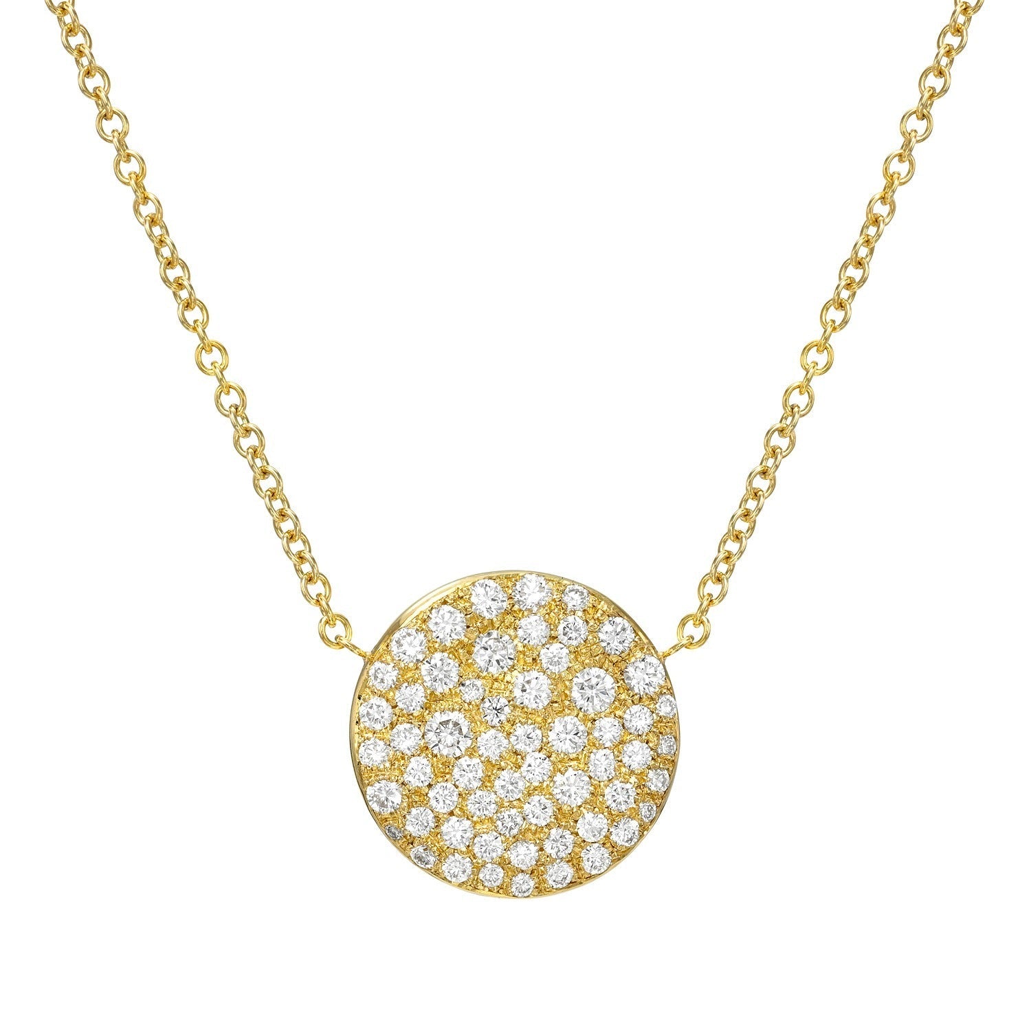 The Circle Diamond Mosaic Necklace is an elegant fine jewelry piece crafted in 18KT gold, featuring a gold chain and a round pendant encrusted with multiple small clear gemstones, reminiscent of a mosaic necklace. Displayed against a white background, this necklace makes a sophisticated addition to any collection.