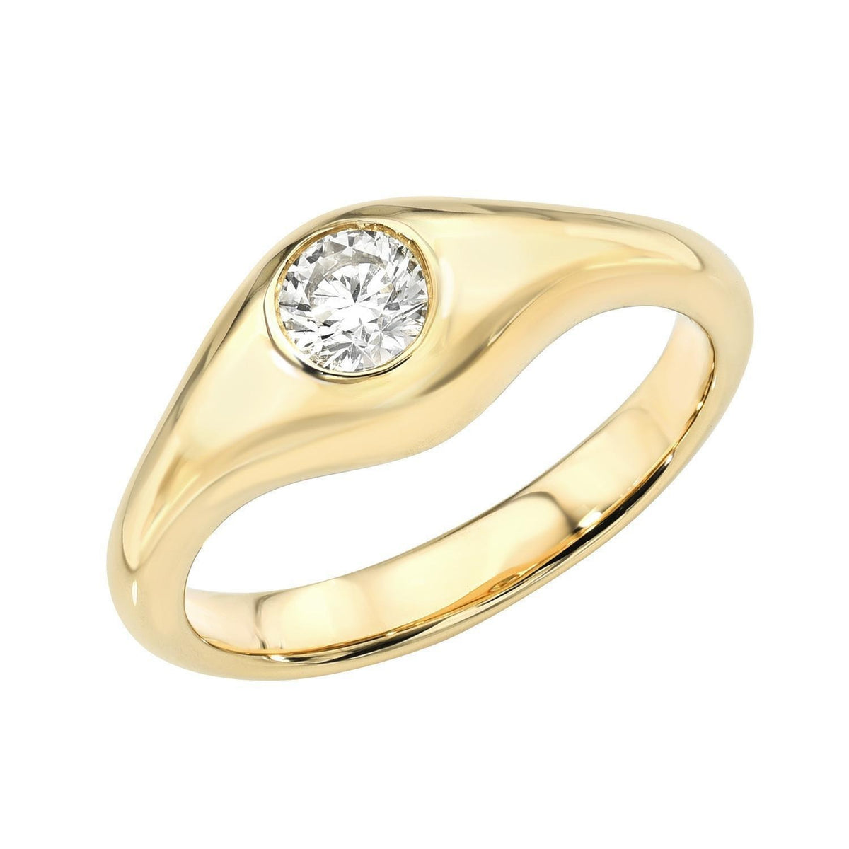 Introducing the Diamond Domed Pinky Ring by Janet Heller Fine Jewelry—an elegant gold ring with a smooth, modern design featuring a single round diamond set in a bezel setting at the center. Available to preorder in your preferred ring size.