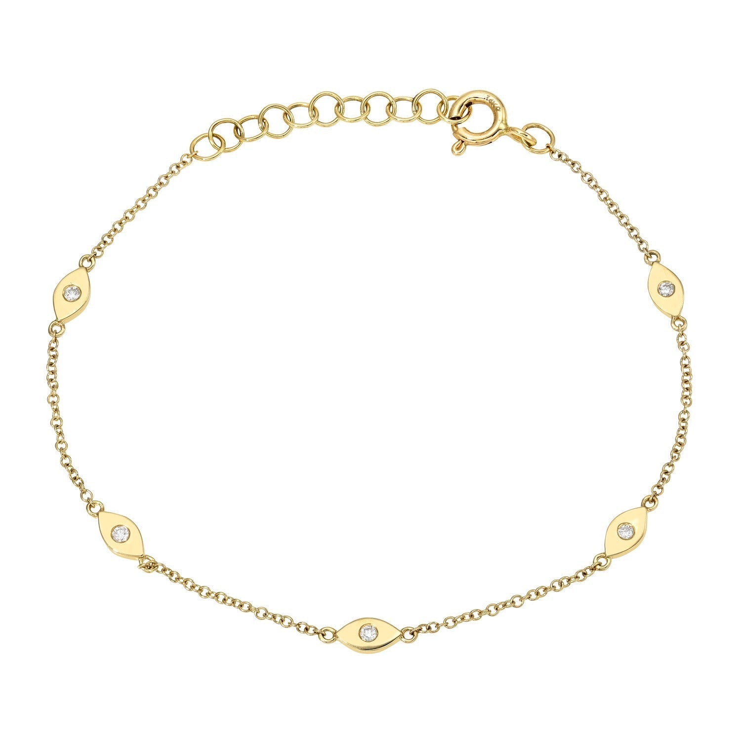 The Diamond Eye Bracelet is a delicate gold chain bracelet adorned with five small, marquise-shaped gold charms—each charm set with a single white gemstone and inspired by the timeless elegance of talisman jewelry. It features an adjustable clasp closure to ensure the perfect fit.