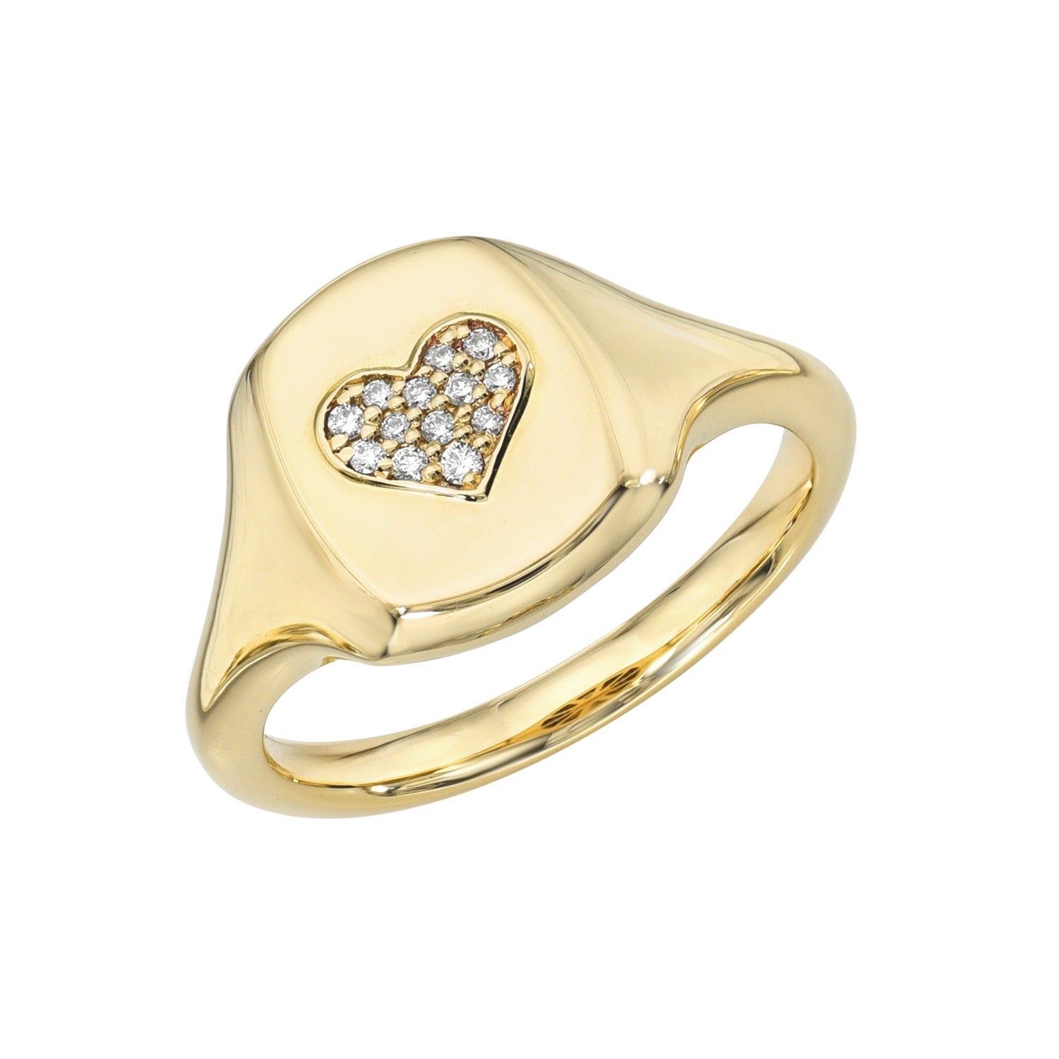 The Diamond Heart Signet Ring showcases a flat, oval-shaped gold top adorned with a heart motif encrusted with sparkling diamonds—an exquisite creation from Janet Heller Fine Jewelry that beautifully symbolizes your love. Available for preorder, this remarkable ring is perfect for those who value distinctive craftsmanship and timeless elegance.
