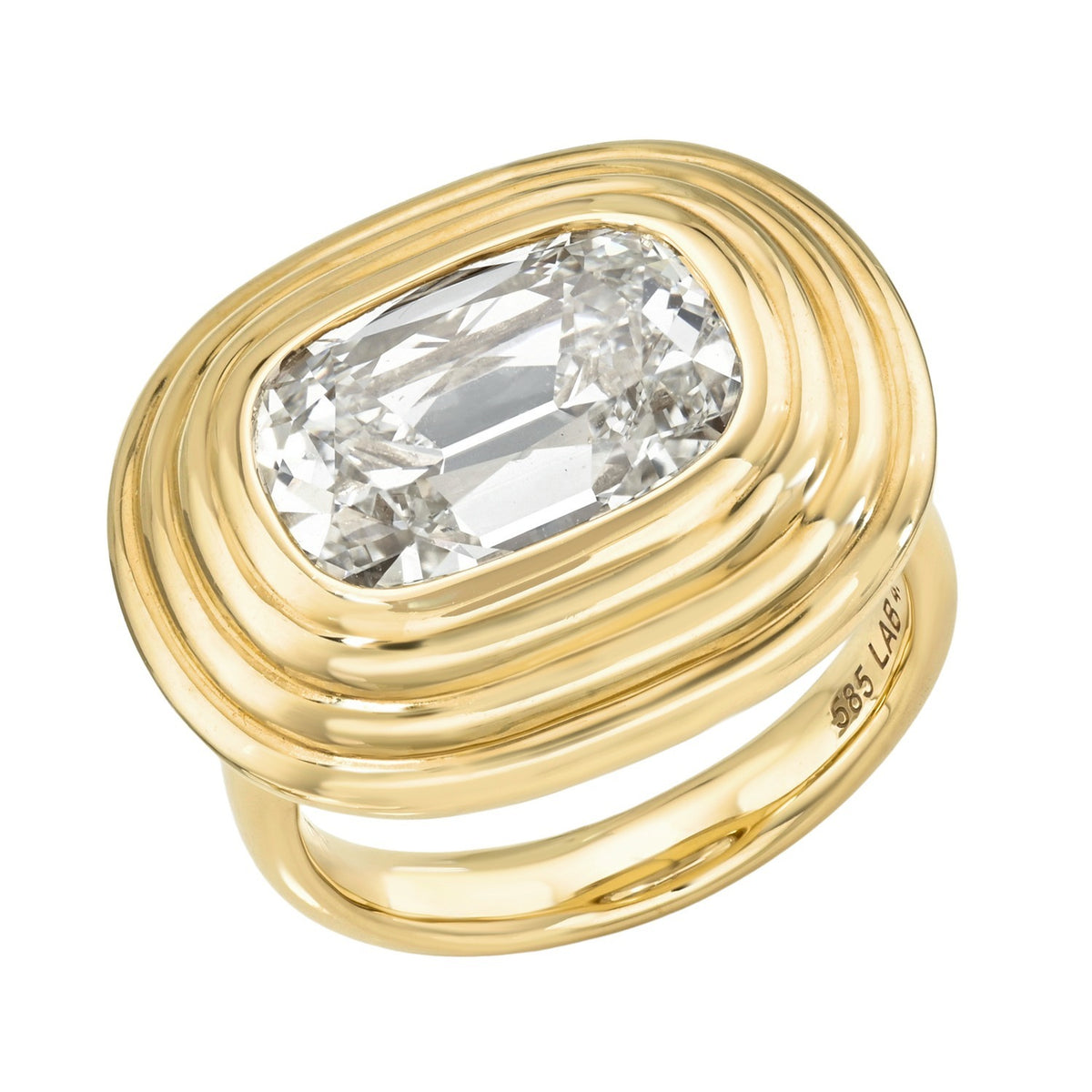 Emile Euro Cushion Diamond Ring Size 4 featuring a rectangular cushion-cut diamond set in a gold, multi-layered, oval-shaped bezel.