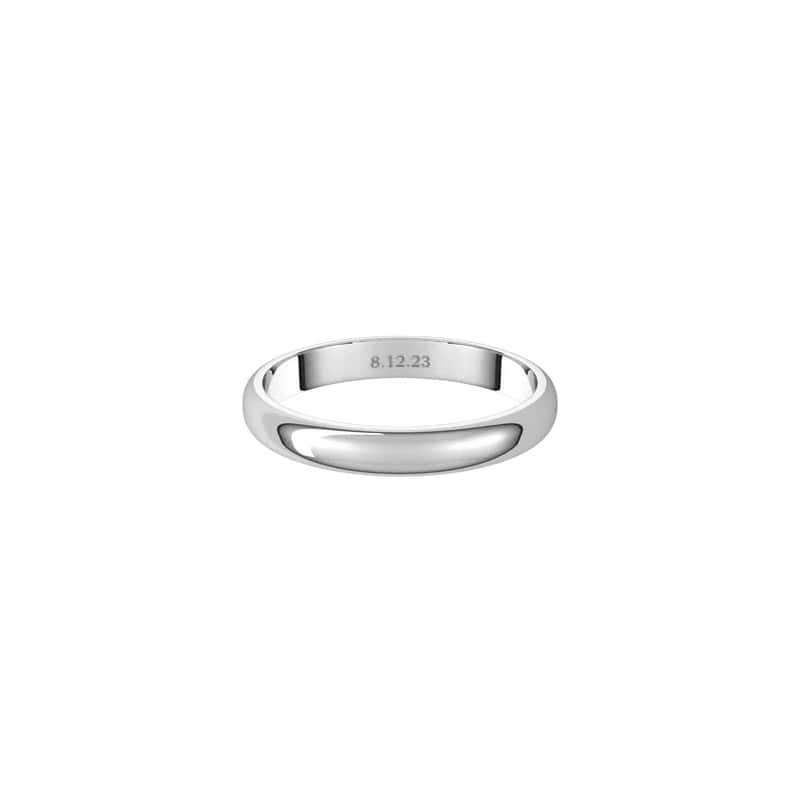 A minimalist and elegant 3mm Half Round Wedding Ring with a smooth, polished silver band features an interior engraving of the date 8.12.23, showcased on a plain white background.