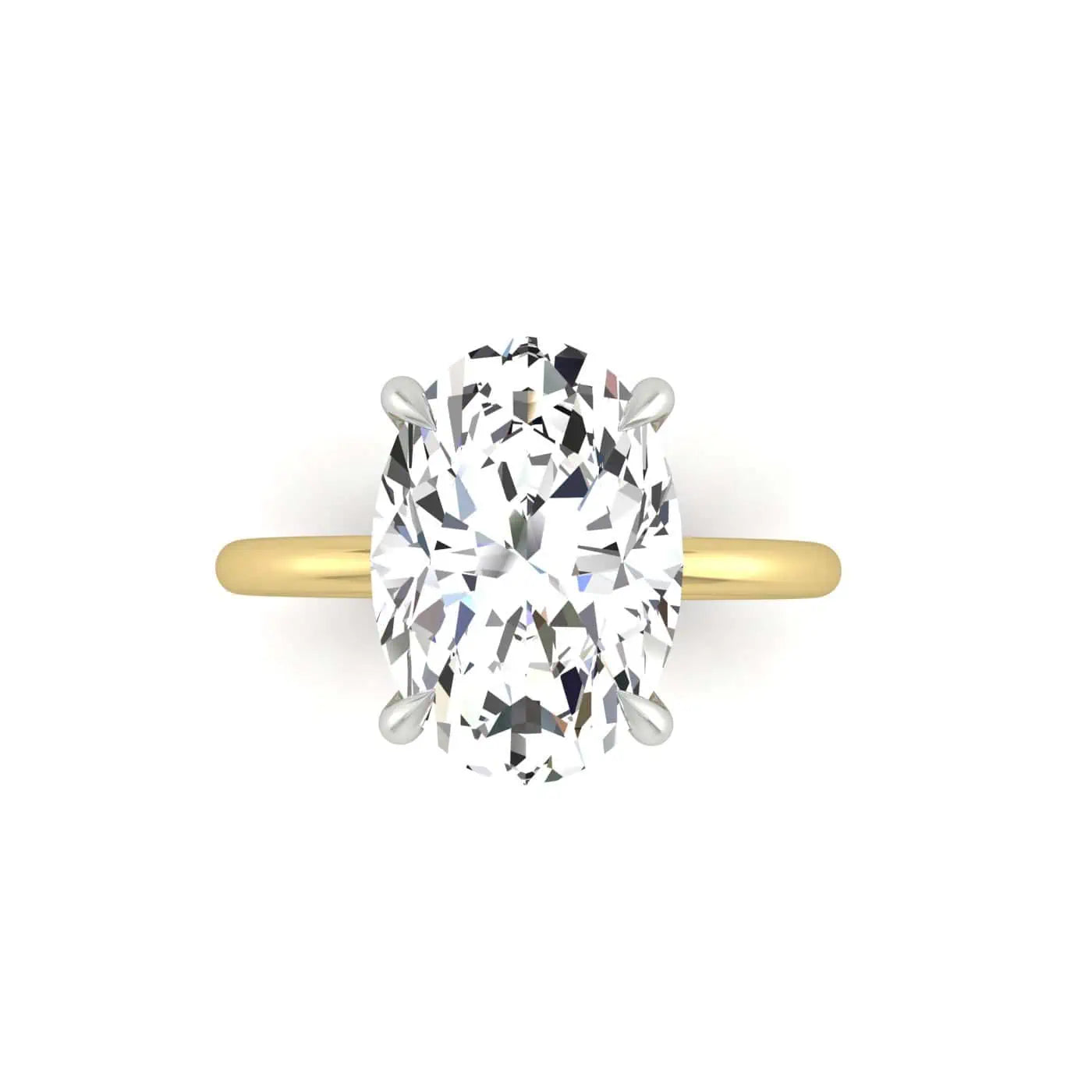 The Solitaire ring features an exquisite 18KT gold band with a stunning oval-cut diamond in a solitaire setting, securely held by four prongs, elegantly showcased on a white background.