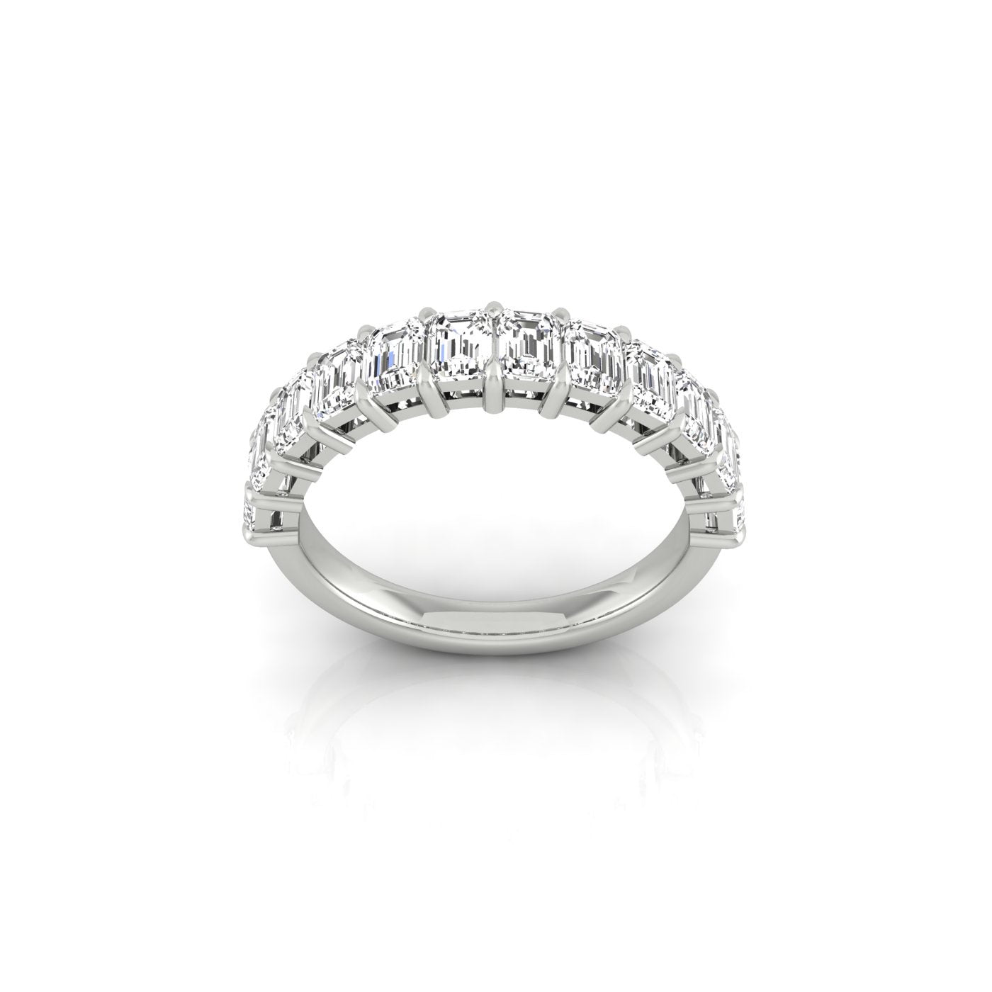 The Half Diamond Eternity Ring features rectangular-cut clear gemstones set across a smooth, reflective band similar to 18KT gold. With diamond-like sparkle and VS clarity, its upright positioning emphasizes its exquisite craftsmanship.