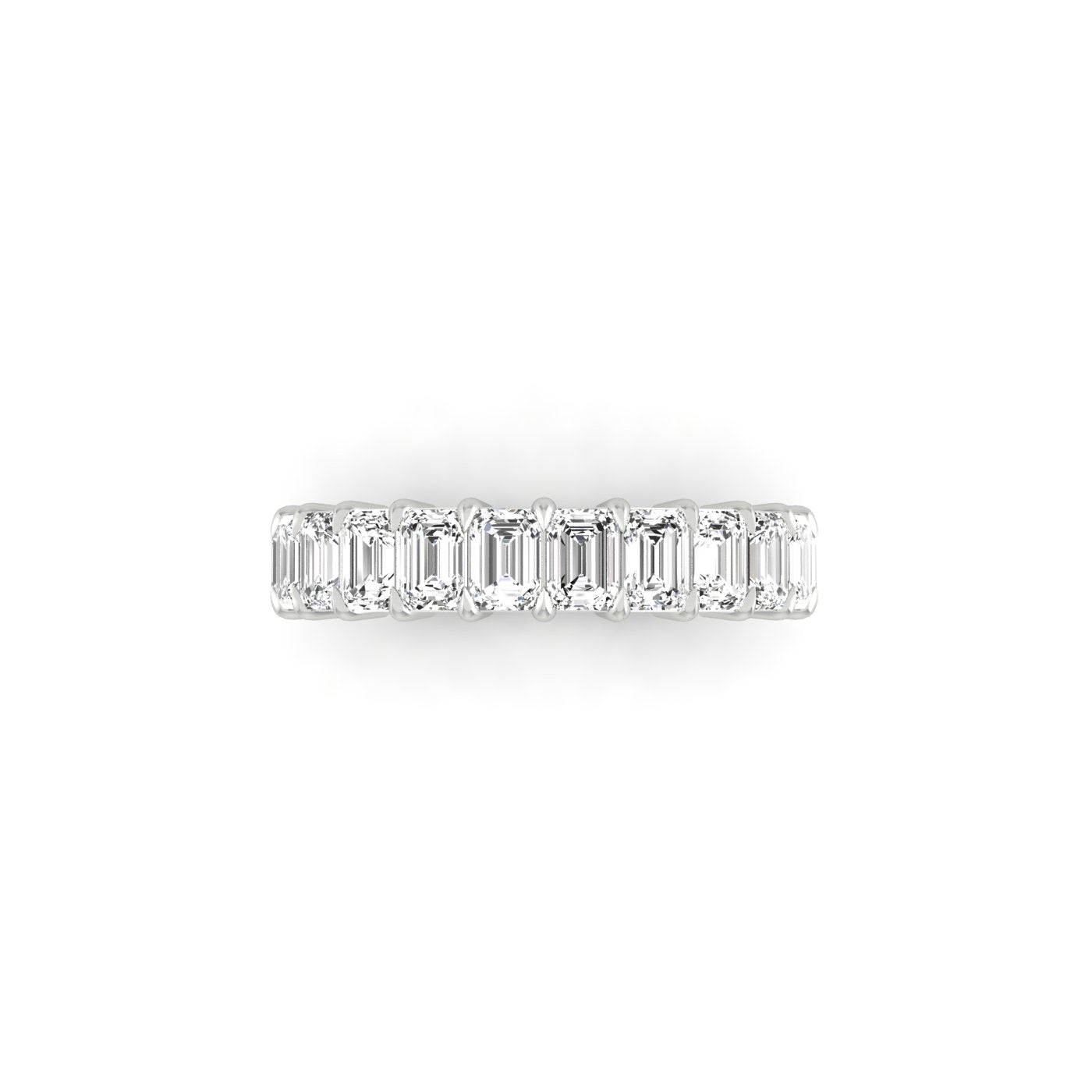 The Half Diamond Eternity Ring features a silver band adorned with rectangular, emerald-cut clear gemstones of VS Clarity, arranged in a row. Its minimalist and elegant design is showcased on a white background.