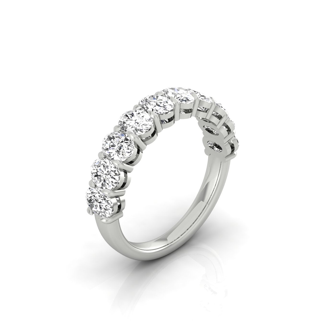 The Half Lab Grown Diamond Eternity Ring features eight round, sparkling diamonds set along the top half of its silver band, radiating custom-made elegance against a plain white background.