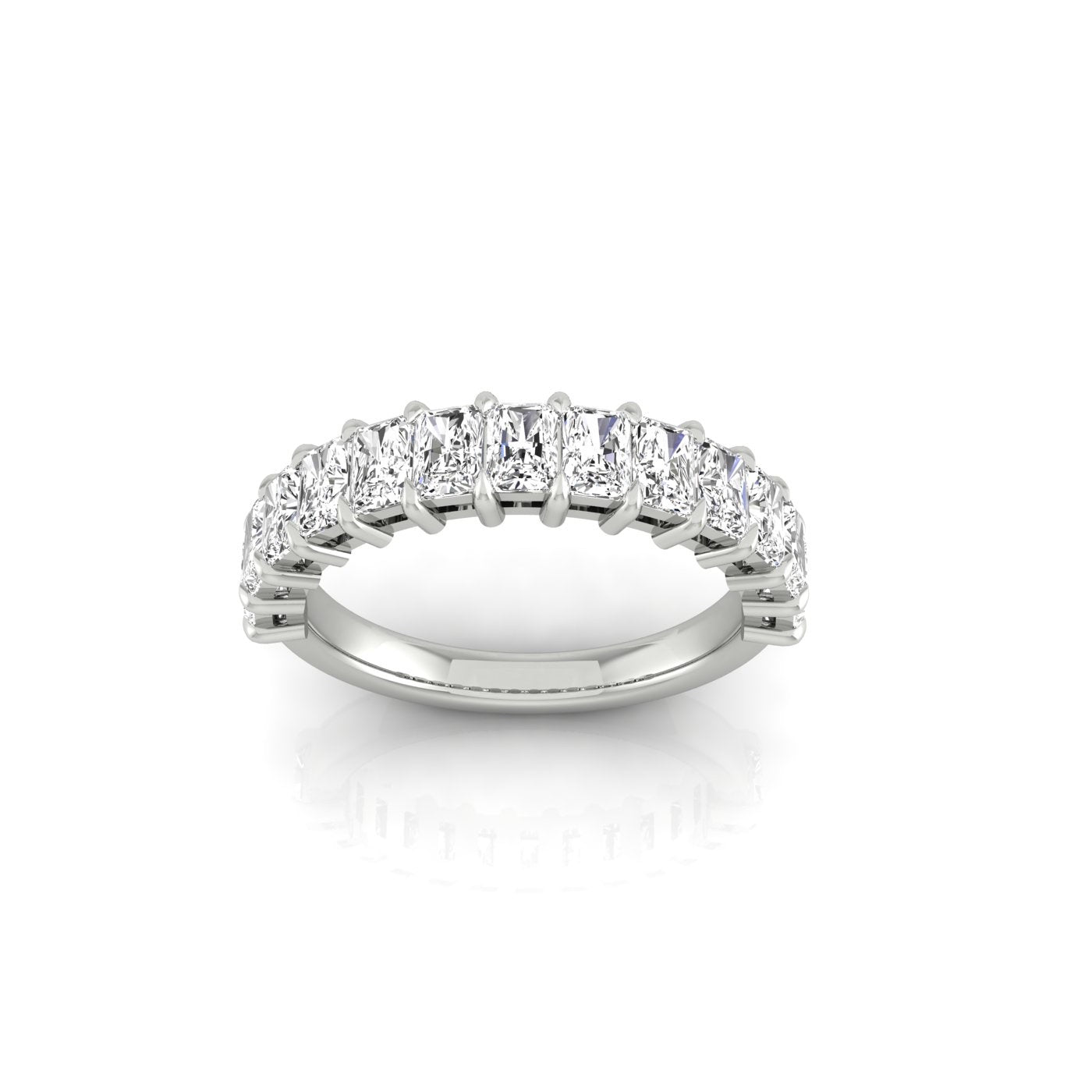 The Half Lab Grown Diamond Eternity Ring is a custom silver piece featuring ten radiant-cut diamonds in a prong setting, elegantly showcased against a plain white background, with an option for 18KT gold.