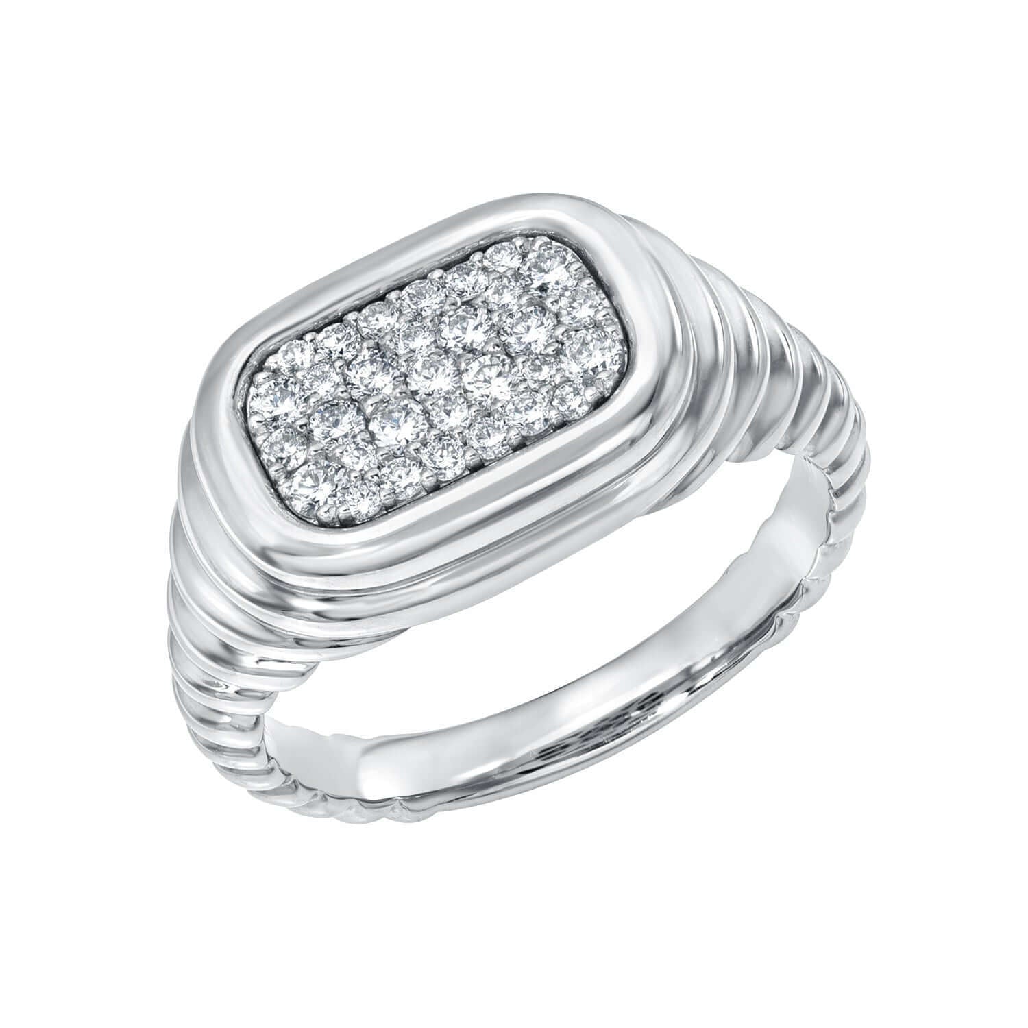 Introducing the Ridged Diamond Rectangle Pinky Ring—a stunning silver fine jewelry piece designed in Janet Heller’s signature style. This ring features a rectangular top adorned with multiple small, closely set sparkling diamonds and a grooved, ribbed band. Available as a preorder ring for true collectors.
