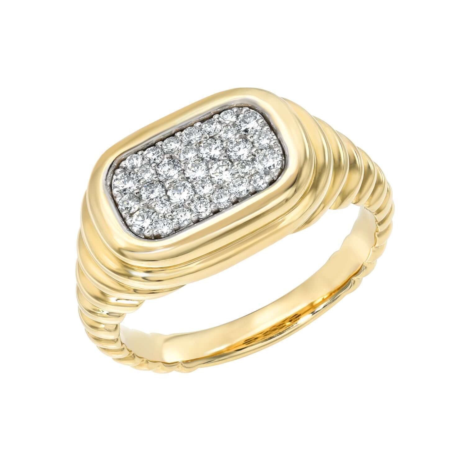 Introducing the Ridged Diamond Rectangle Pinky Ring by Janet Heller—a gold ring with a rectangular top adorned with multiple small, closely set diamonds and a ribbed design along the band. This elegant fine jewelry piece is available for preorder.