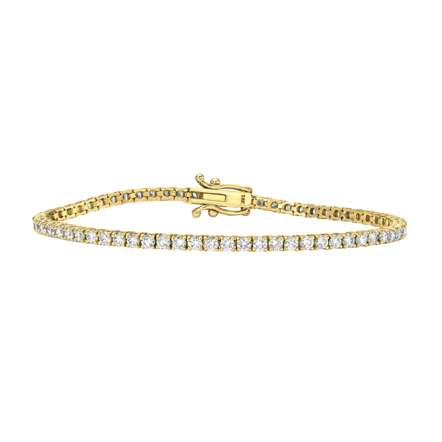 The 3ct Round Diamond Tennis Bracelet from Janet Heller Fine Jewelry is crafted in 14KT gold. The bracelet features  small diamonds in a continuous line and is available in both lab grown and natural diamonds.  The bracelet can be worn on its worn or layered with other bracelets.