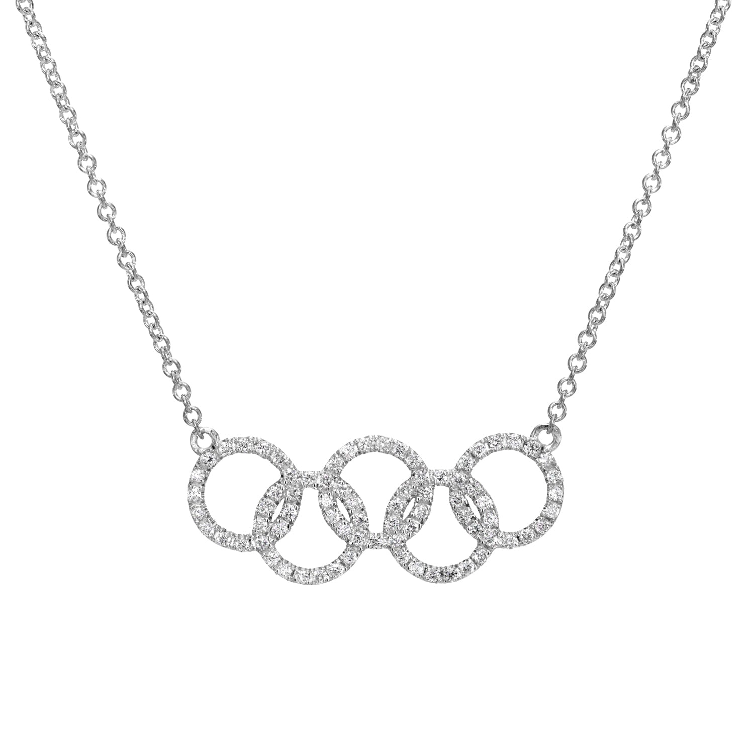 The Diamond Rings Necklace showcases five diamond-encrusted, interconnected circles on a silver chain, displayed against a white background. This elegant piece is available for pre-order and is a final sale.