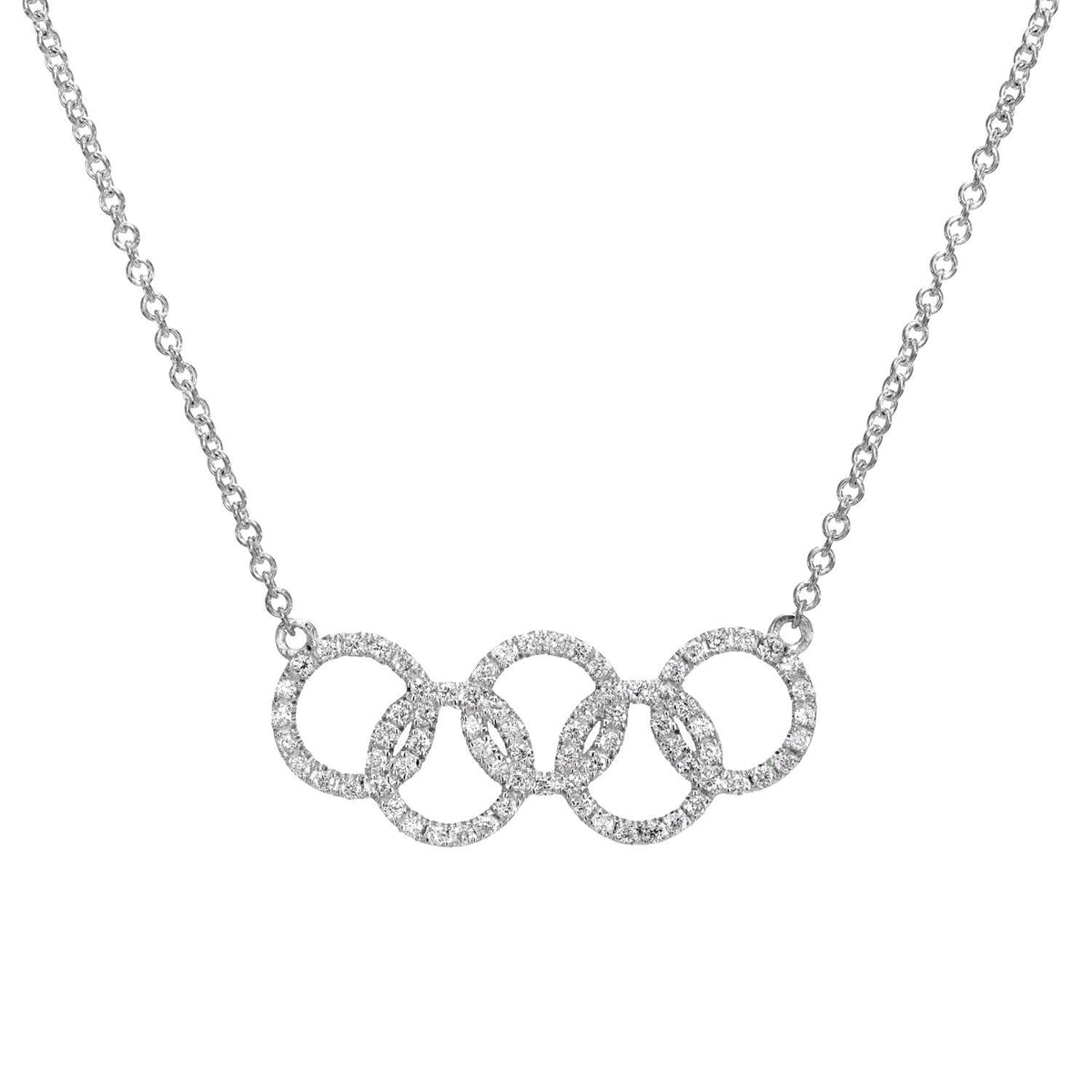 The Diamond Rings Necklace showcases five diamond-encrusted, interconnected circles on a silver chain, displayed against a white background. This elegant piece is available for pre-order and is a final sale.