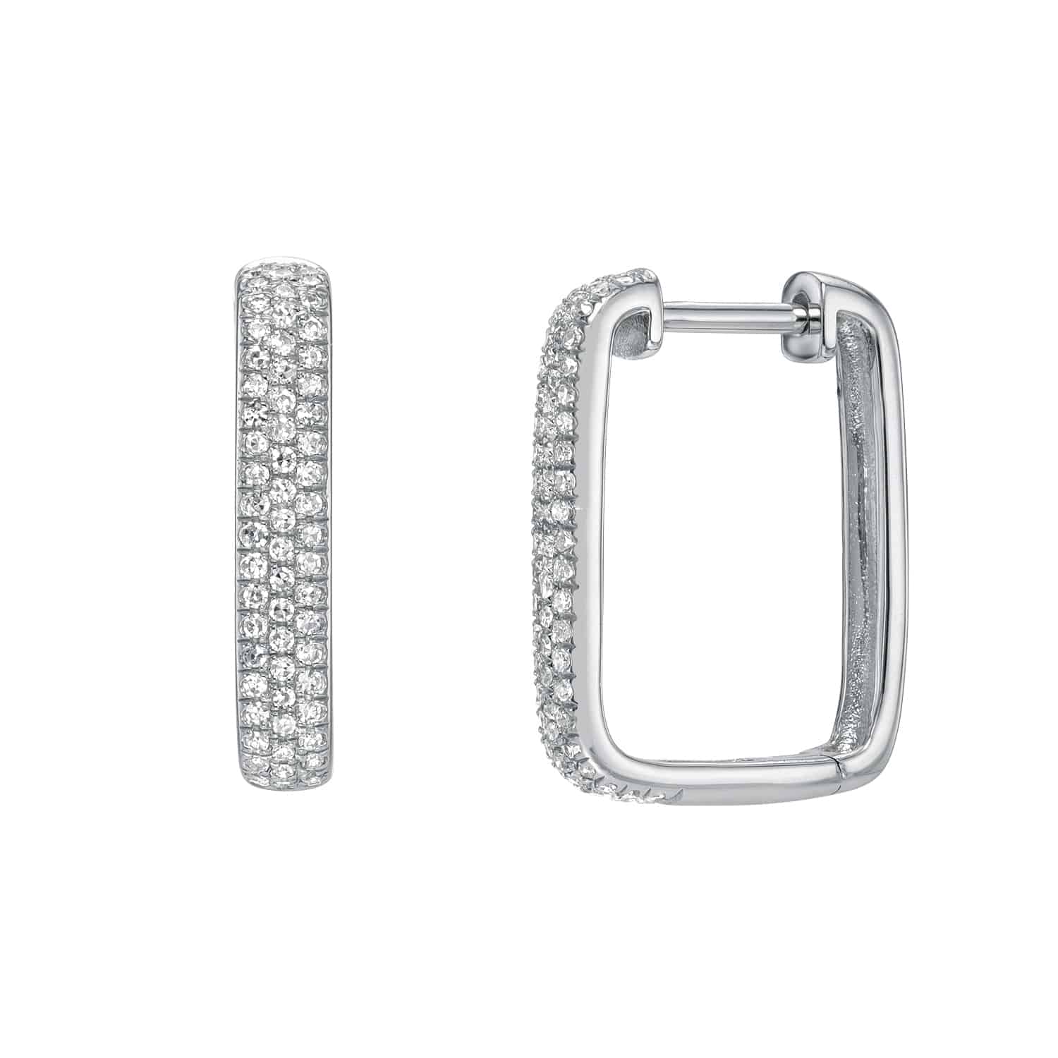 Pair of Pave Diamond Square Hoops from JanetHellerFineJewelry: one earring shows the front view with embedded diamonds, and the other displays a smooth clasp in the side view. Contact for customizations.