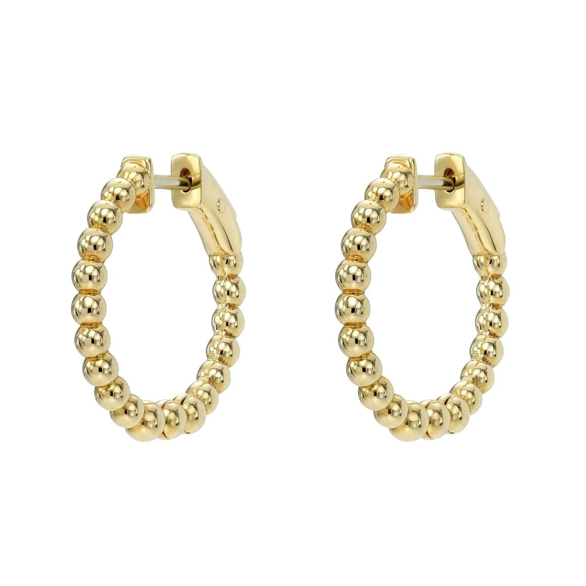 The Nora Hoops are gold hoop earrings with a beaded texture, adorned with smooth spherical beads along each loop. These fine jewelry pieces feature a polished finish that reflects light beautifully, enhancing their elegant and luxurious look against a plain white background.